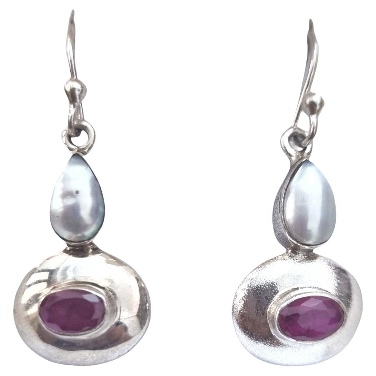 Sterling silver ruby & pearl earrings  For Sale