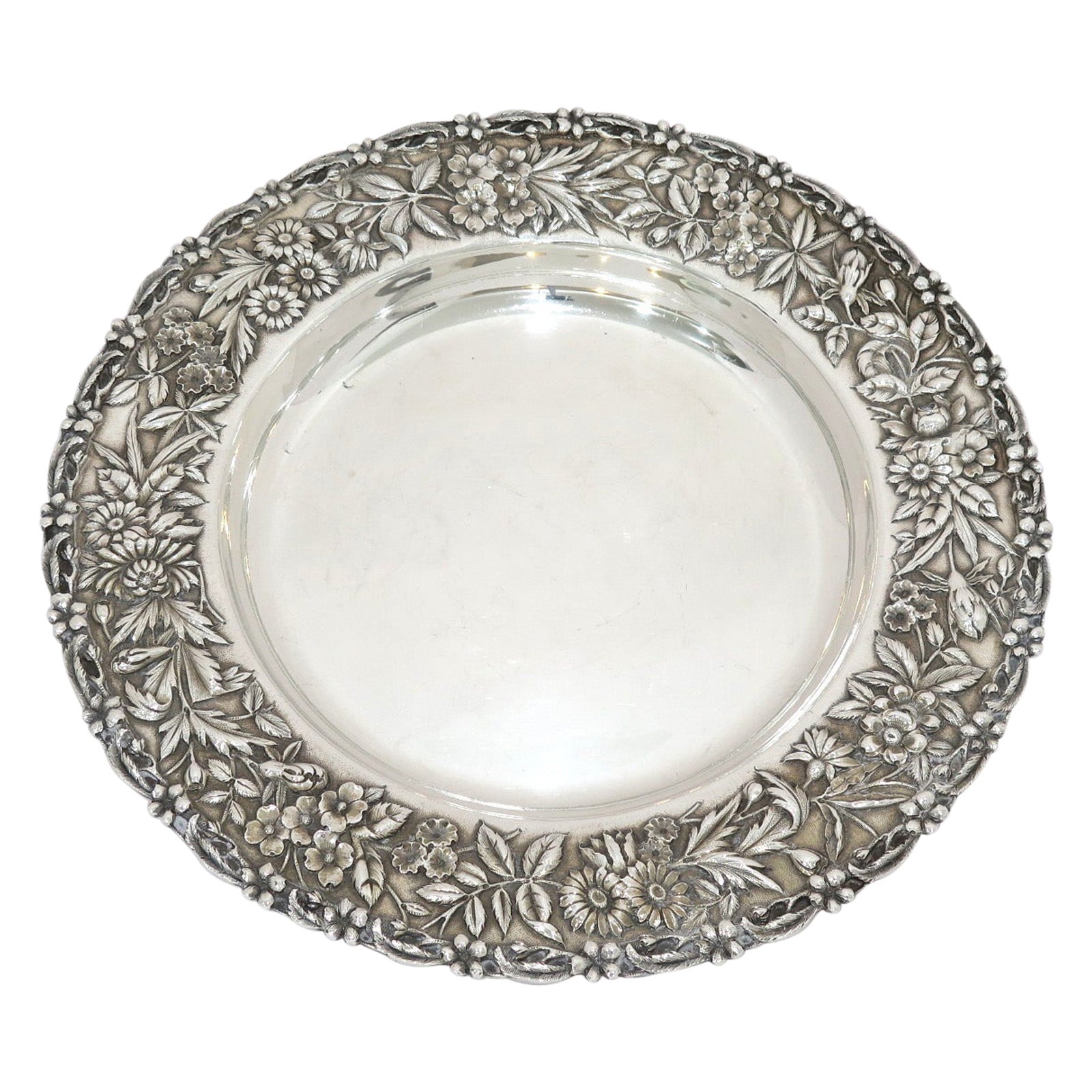 Sterling Silver S. Kirk & Son Antique Floral Repousse Platter For Sale