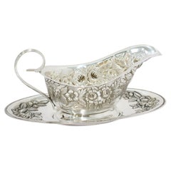 Sterling Silver S. Kirk & Son Vintage Floral Repousse Gravy Boat with Saucer