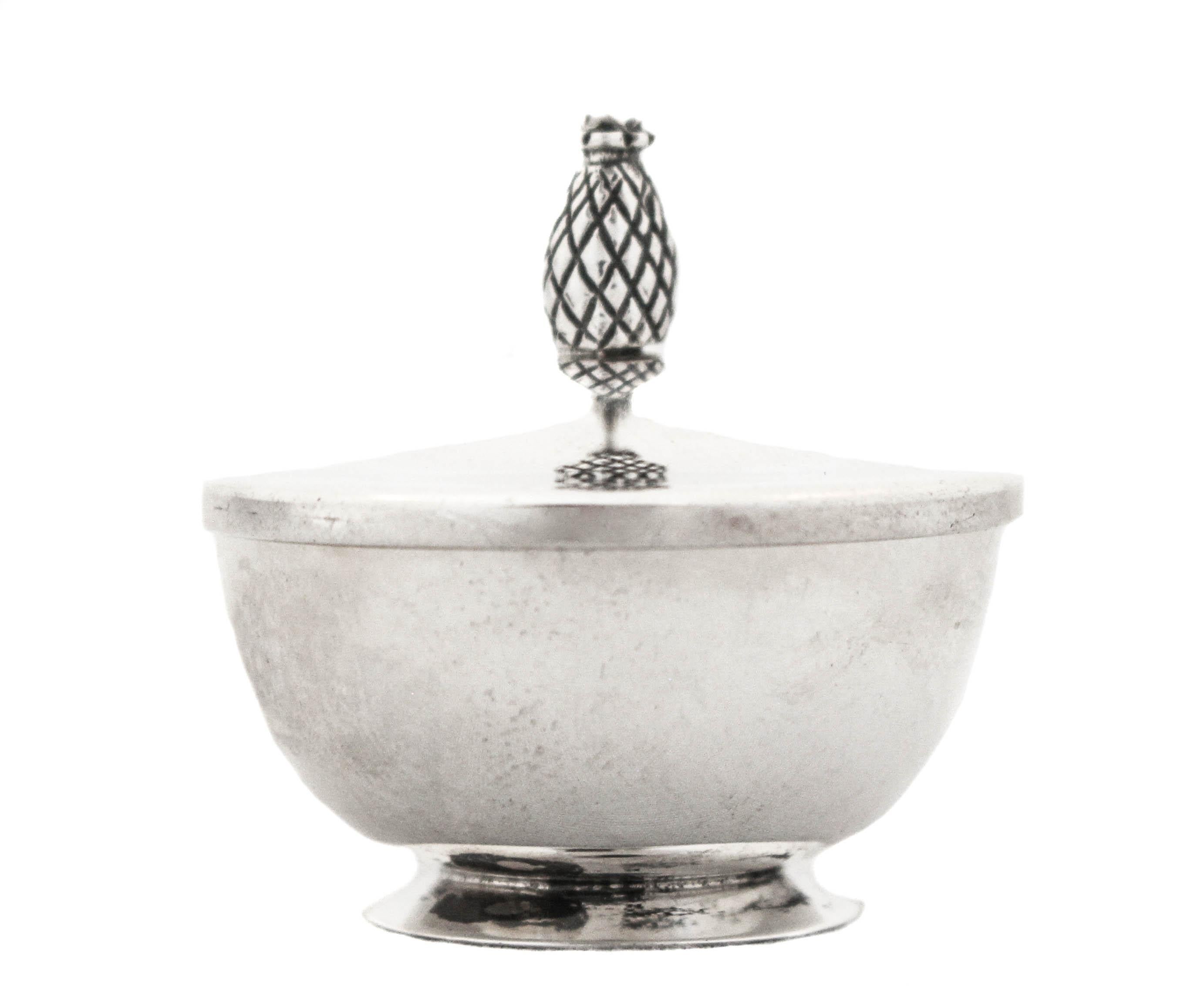 Being offered is a sterling silver salt cellar with the original lid. The finial on the lid is an acorn. An acorn symbolizes good fortune and prosperity. Acorns' association with good fortune dates back to Norse mythology, where the acorn
