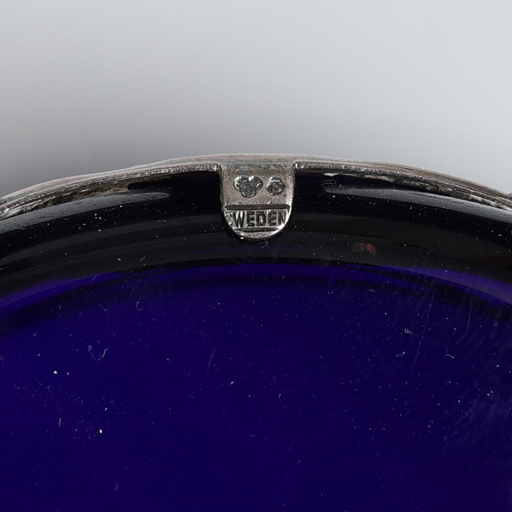 Art Deco Sterling Silver Salt Shaker Antique Small Bowl Blue Crystal Stamped MEMA & Spoon For Sale