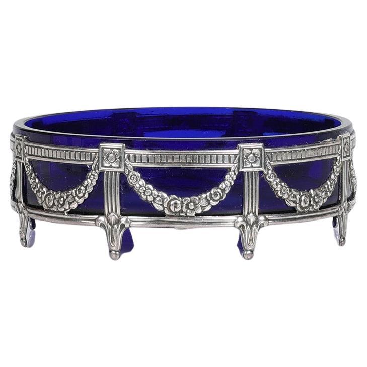 Salero de Plata de Ley Antiguo Cuenco Pequeño Cristal Azul Estampado MEMA & Cuchara