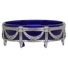 Salero de Plata de Ley Antiguo Cuenco Pequeño Cristal Azul Estampado MEMA & Cuchara