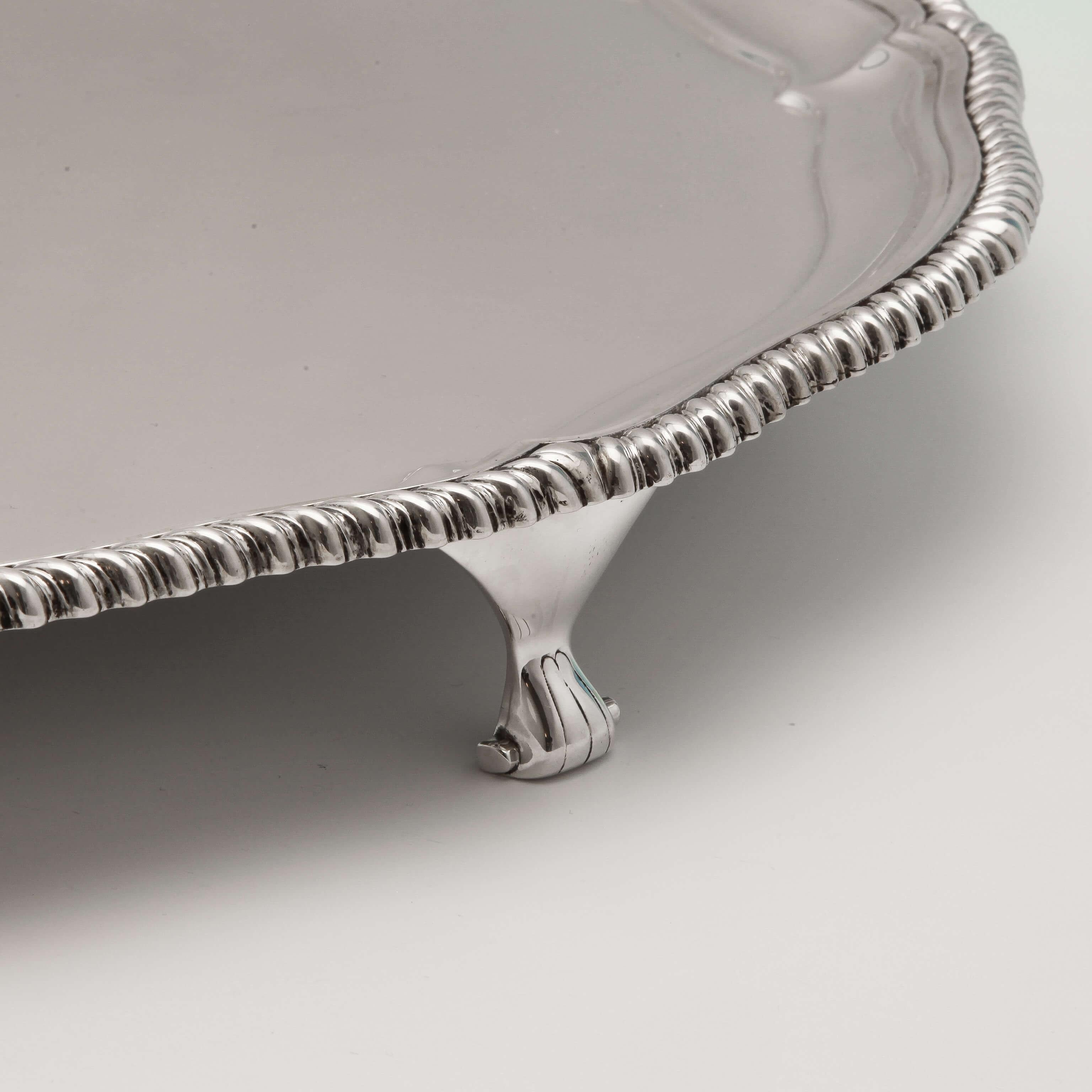 English Large Antique Sterling Silver Salver by Elkington & Co., 1919. 