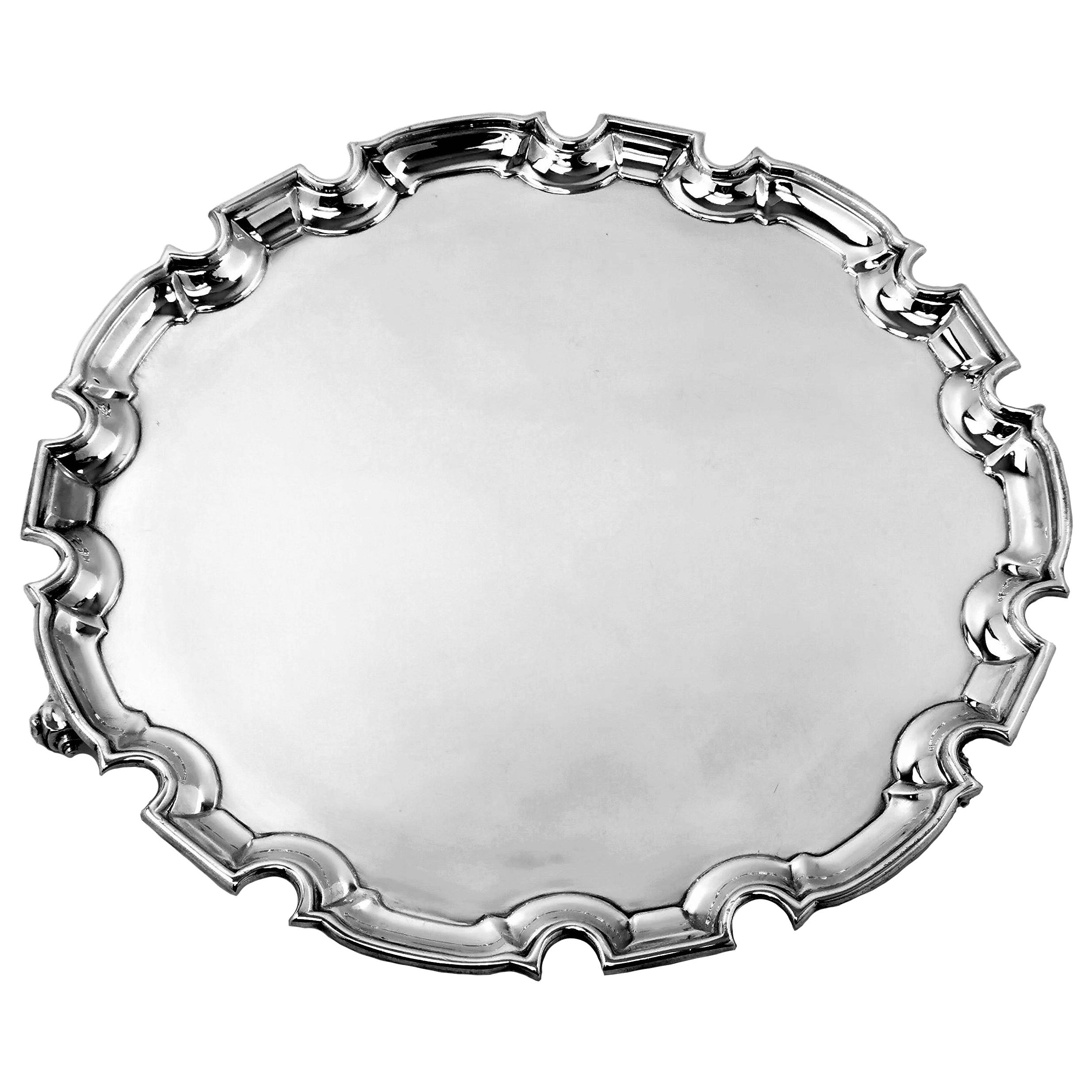 Sterling Silver Salver / Round Tray / Platter 1929 Chippendale Border Engravable