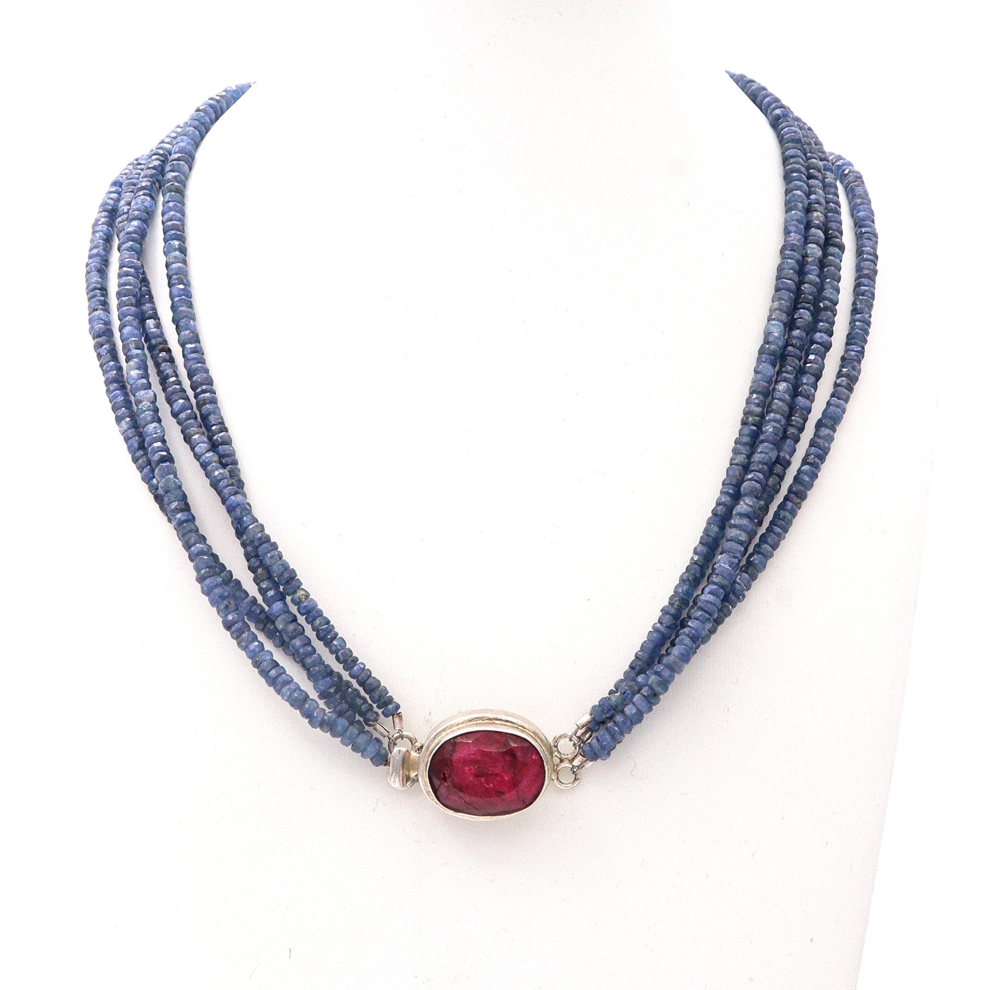 Taille mixte Collier de perles en argent Sterling Ruby et saphir en vente