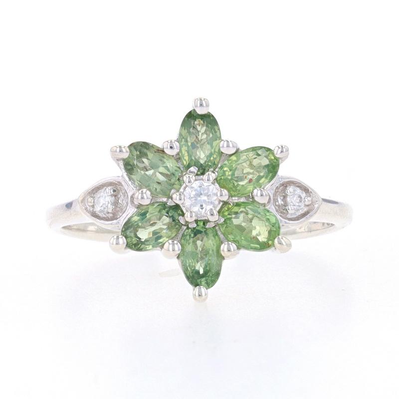 Size: 9 1/4
Sizing Fee: Up 2 sizes for $30 or Down 2 sizes for $30

Metal Content: Sterling Silver

Stone Information
Natural Sapphires
Treatment: Heating
Carat(s): 2.10ctw
Cut: Oval
Color: Green

Natural Sapphires
Treatment: Heating
Carat(s):