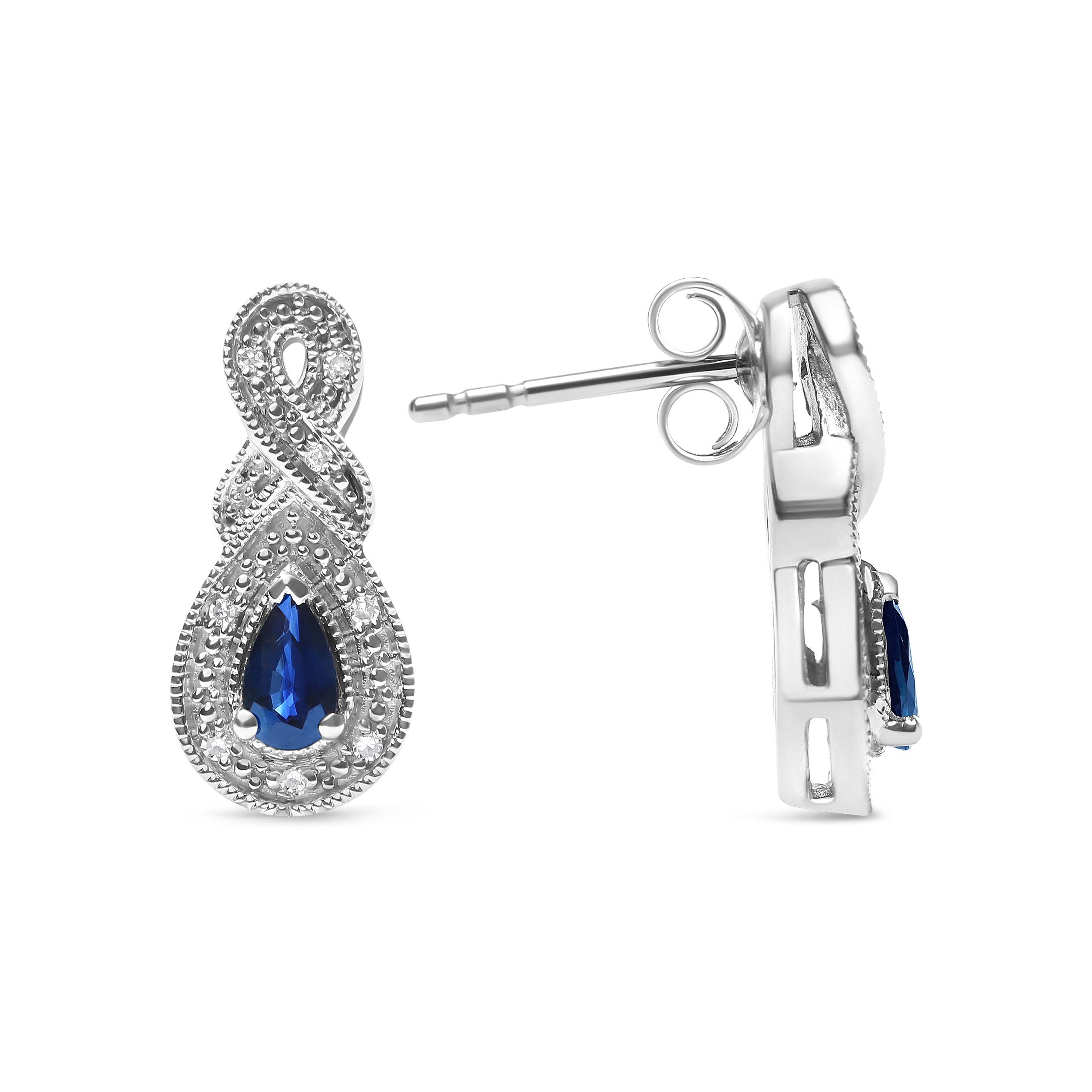 Modern Sterling Silver Sapphire Gemstone and Diamond Accent Infinity Drop Stud Earrings For Sale