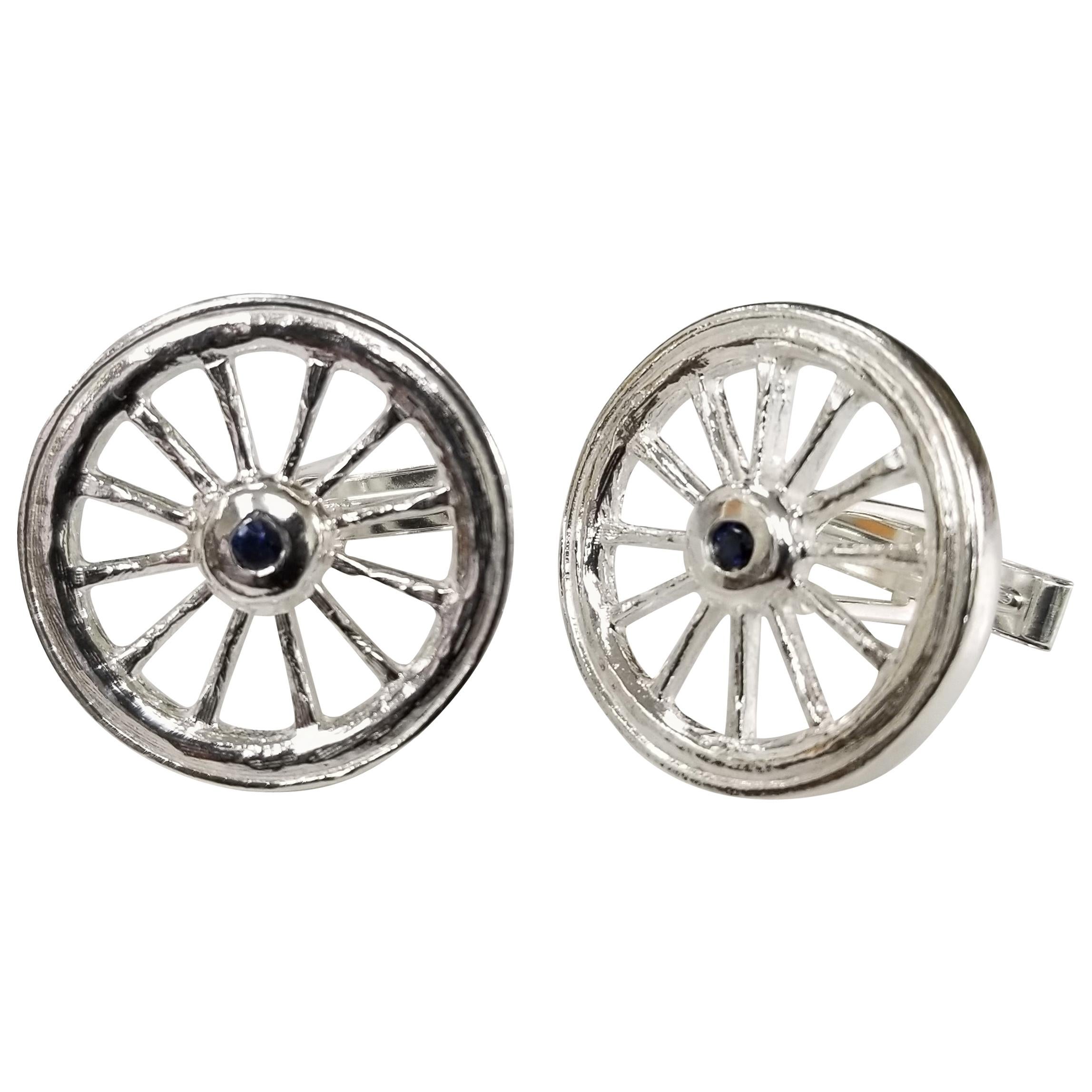 Sterling Silver Sapphire "Wagon" Wheel Cufflinks For Sale