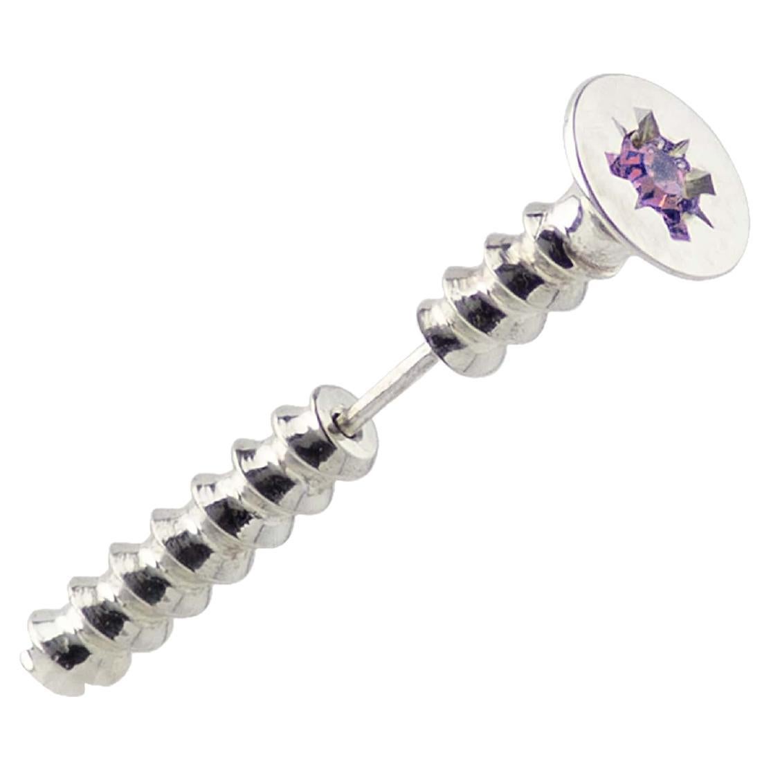 Sterling Silver Screw Shaped Silver Earring Topped with an Amethyst Stone For Sale