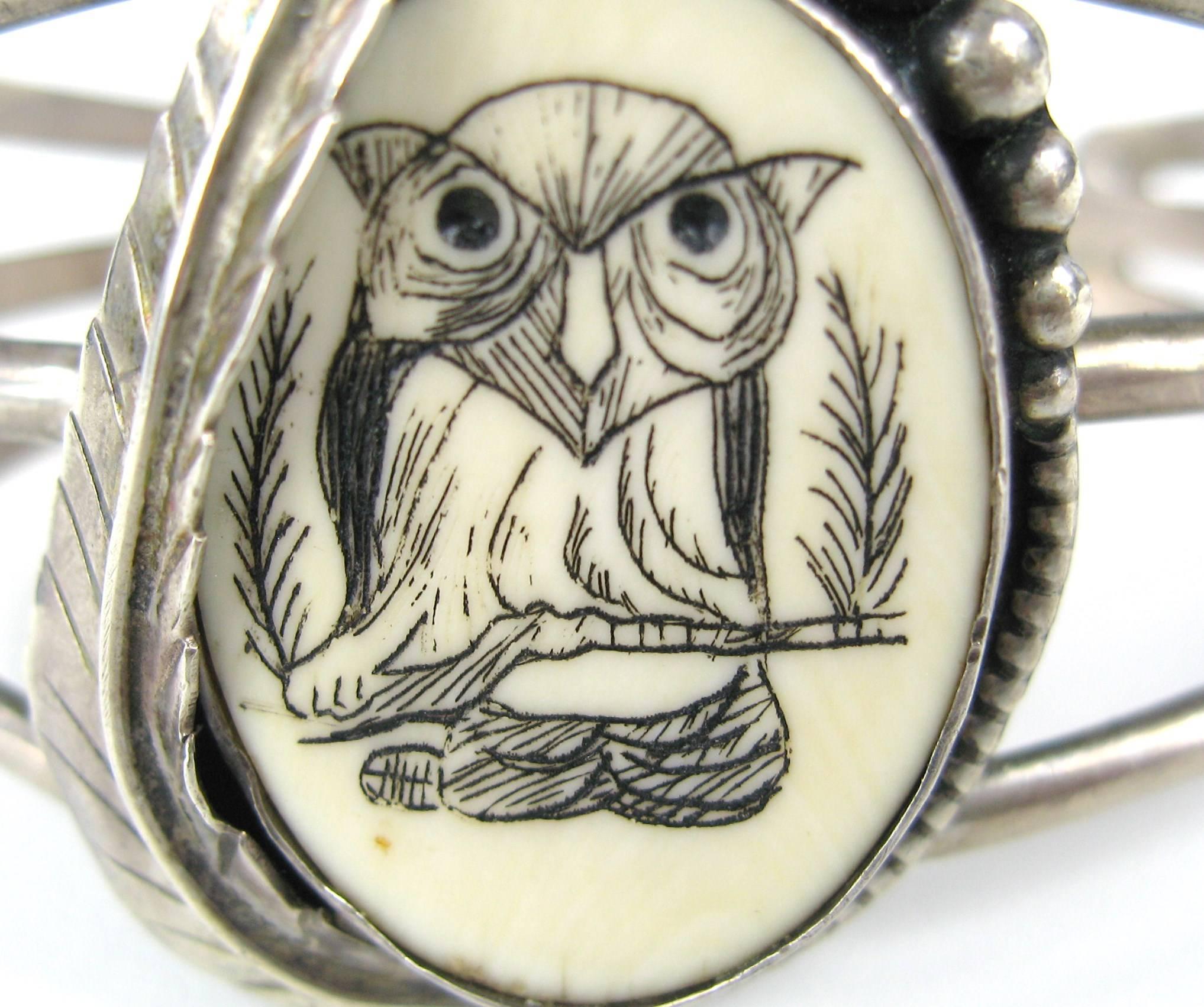 Stunning Carved Bone Scrimshaw Owl Bracelet. Measuring 1.57 inches  x 1.22 inches on the  Owl. Handmade Native American work. Bracelet will fit 6.5-7.5 inch wrist. This can be squeezed tighter to fit a smaller wrist, as well as made a bit larger