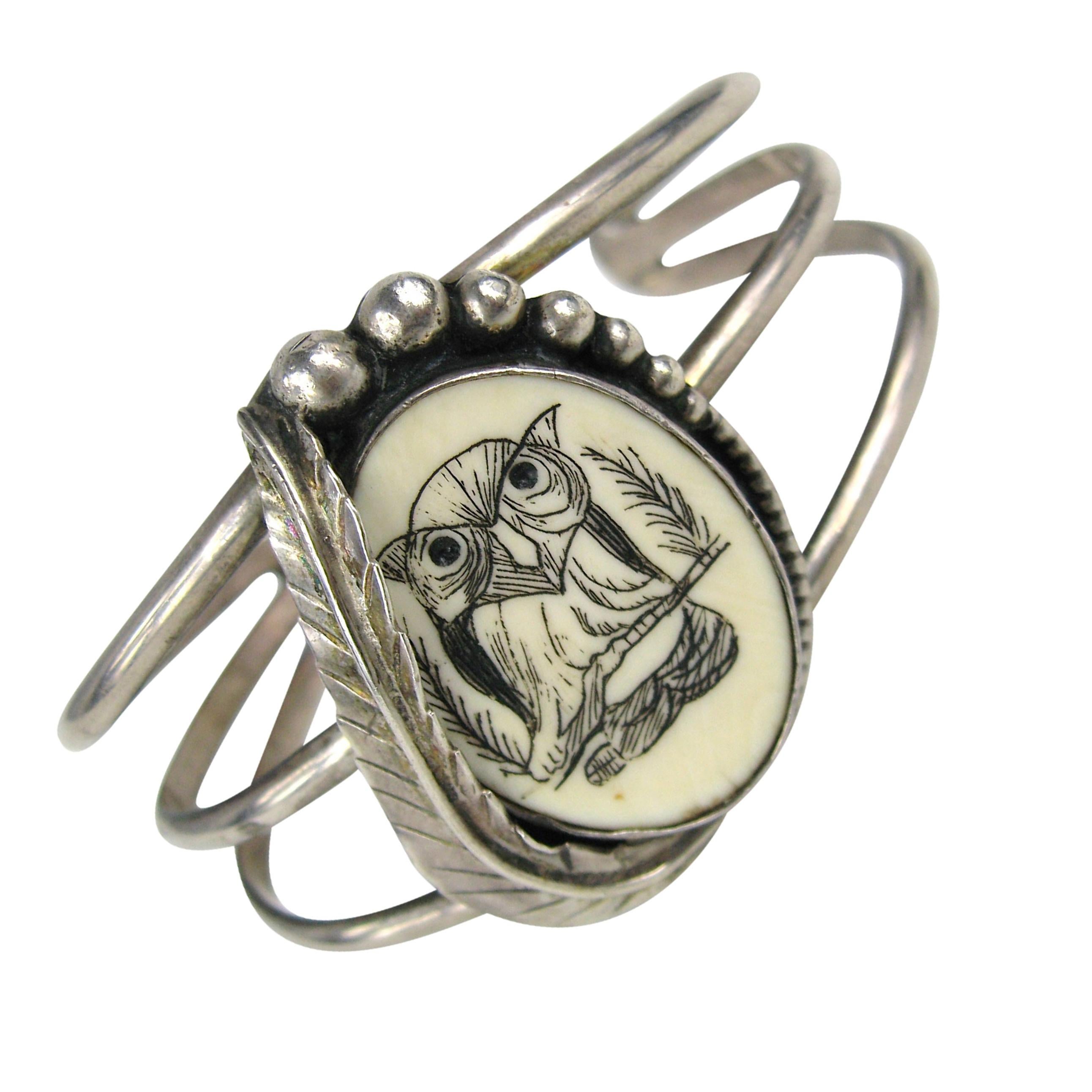 Sterling Silver scrimshaw Bracelet Owl on Bone 3 Ring feathered Cuff  For Sale