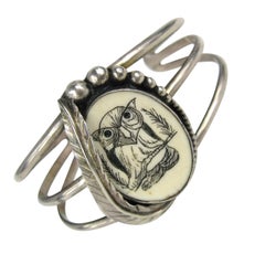 Vintage Sterling Silver scrimshaw Bracelet Owl on Bone 3 Ring feathered Cuff 