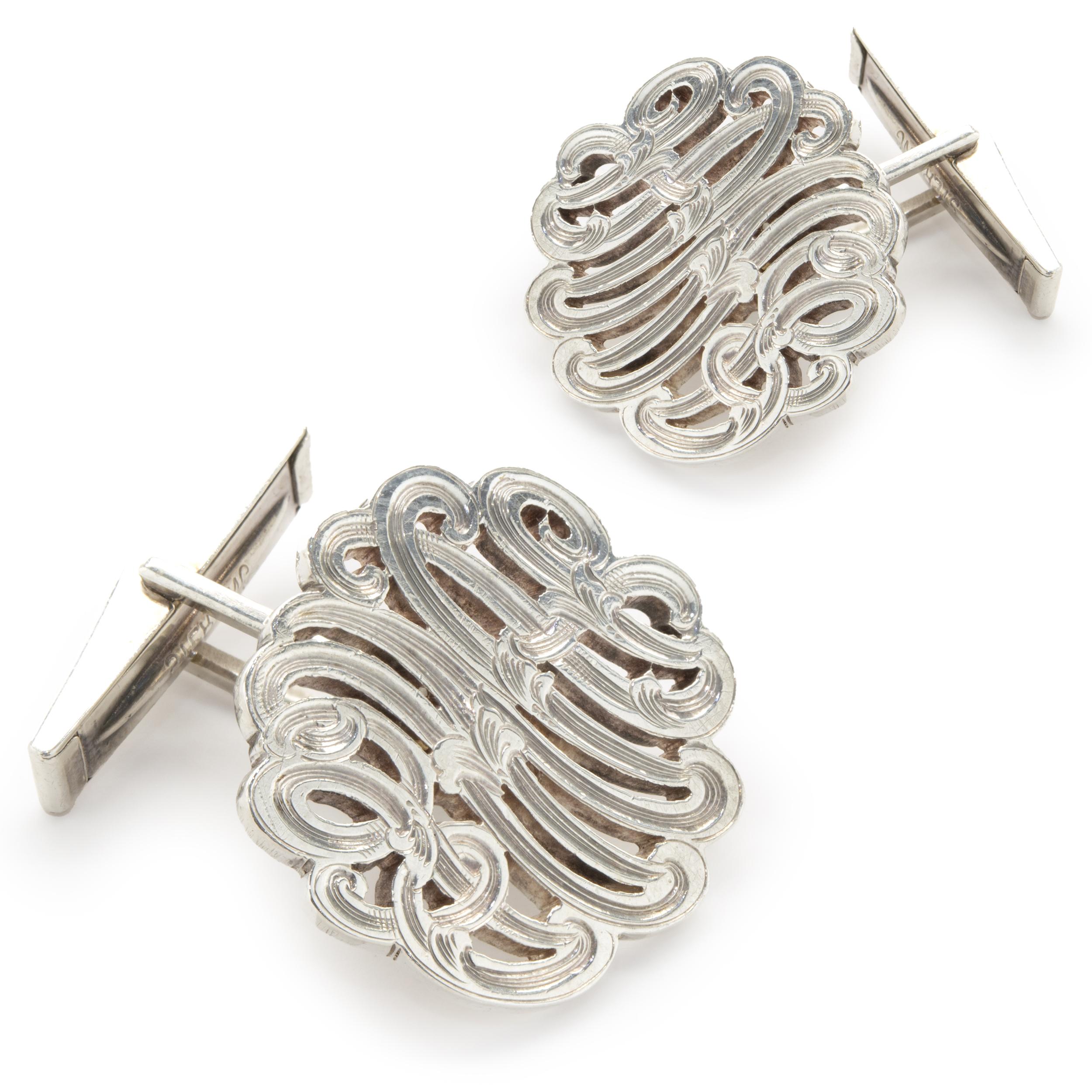 Women's or Men's Sterling Silver Scroll Cufflinks For Sale