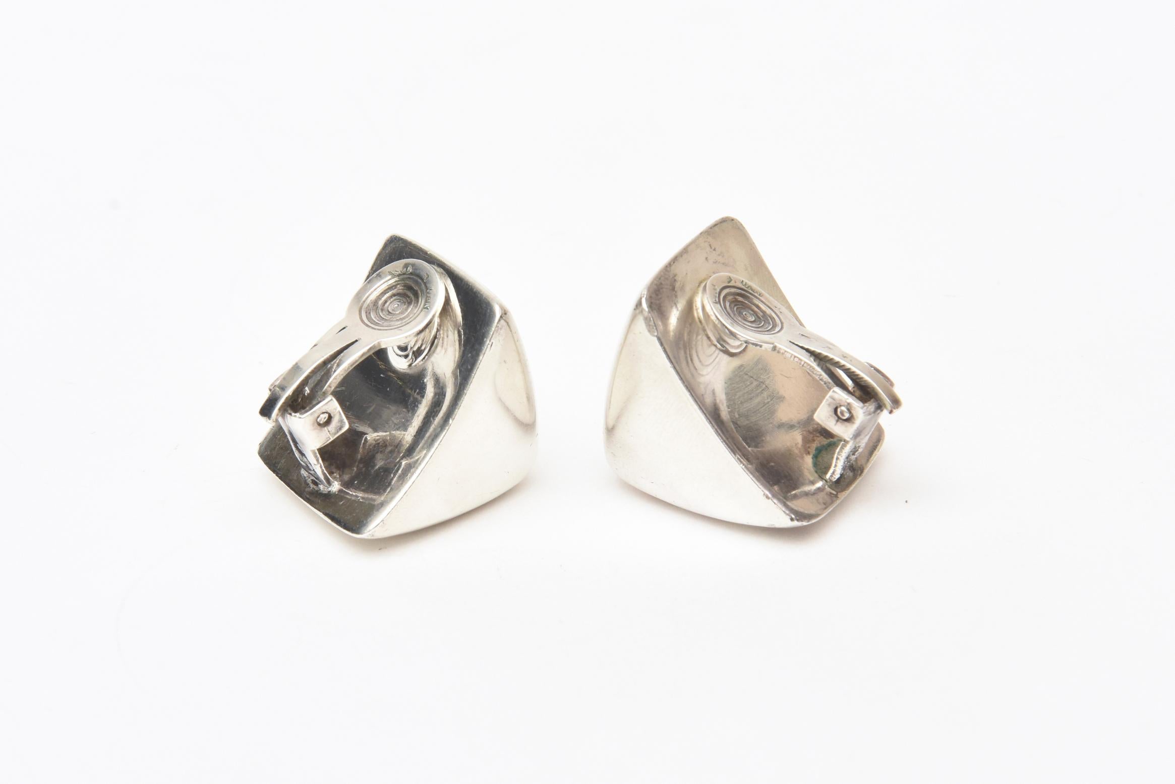 Women's Sterling Silver Sculptural Clip On Earrings Pair Of For Sale