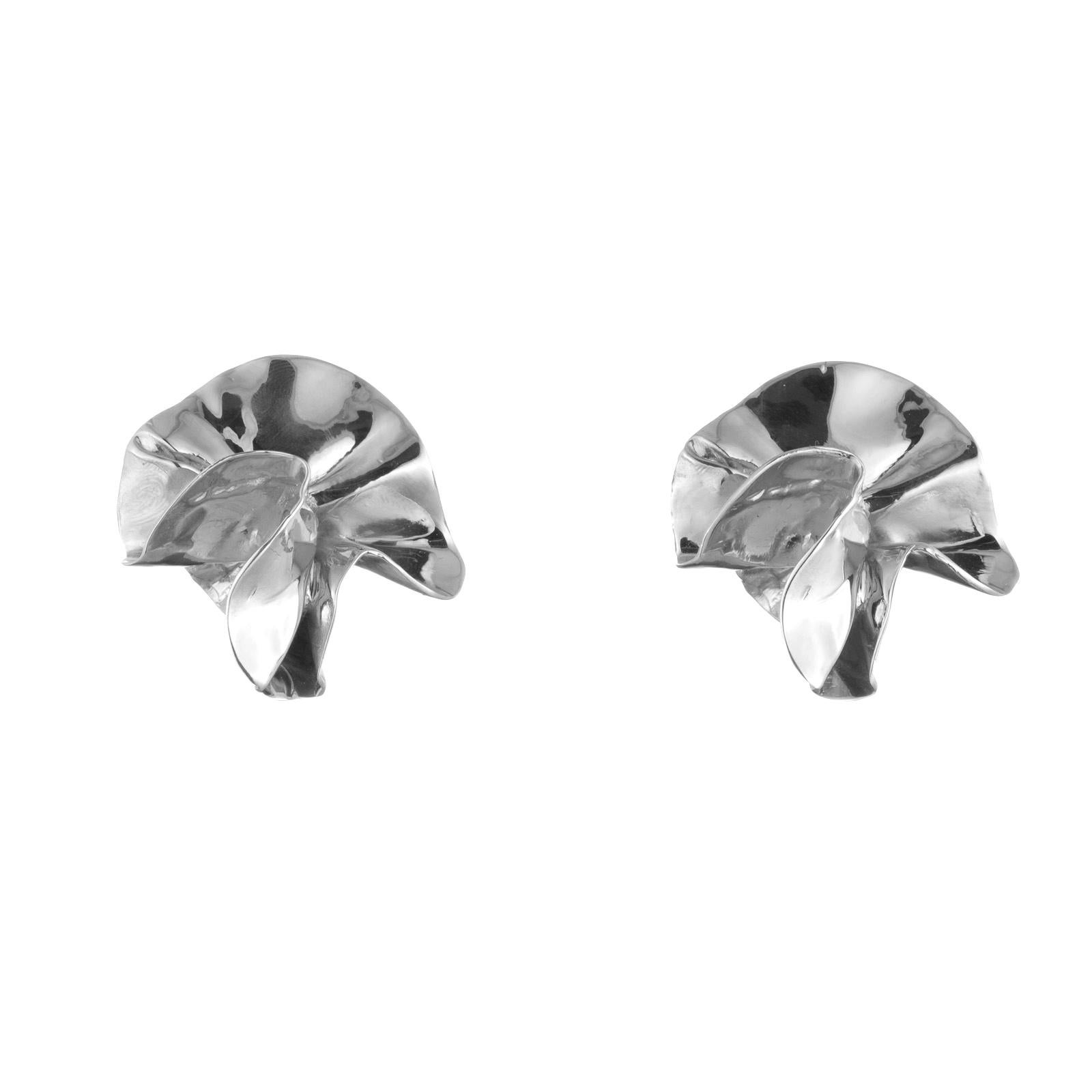 Contemporary Sterling Silver Sculptural Flower Statement Stud Earrings For Sale