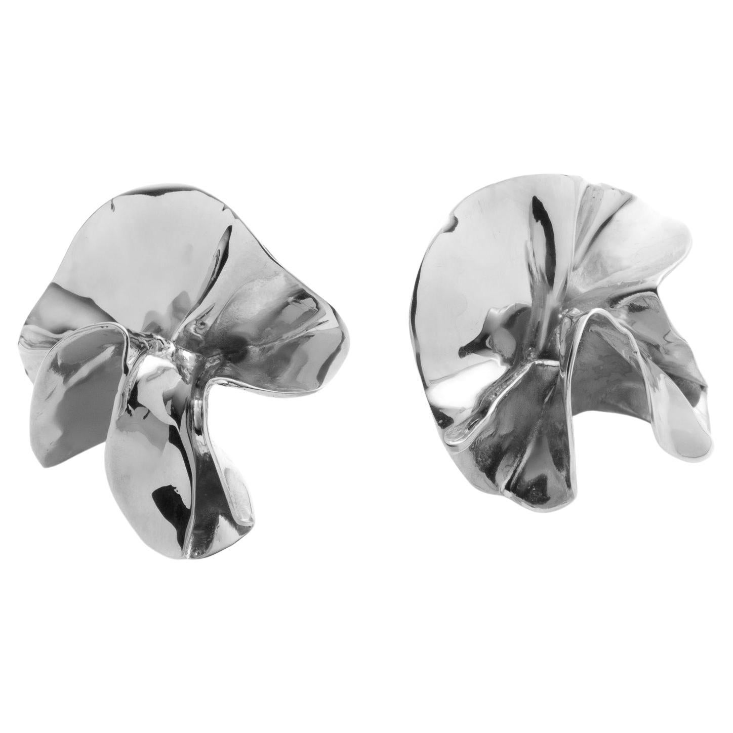 Sterling Silver Sculptural Flower Statement Stud Earrings For Sale