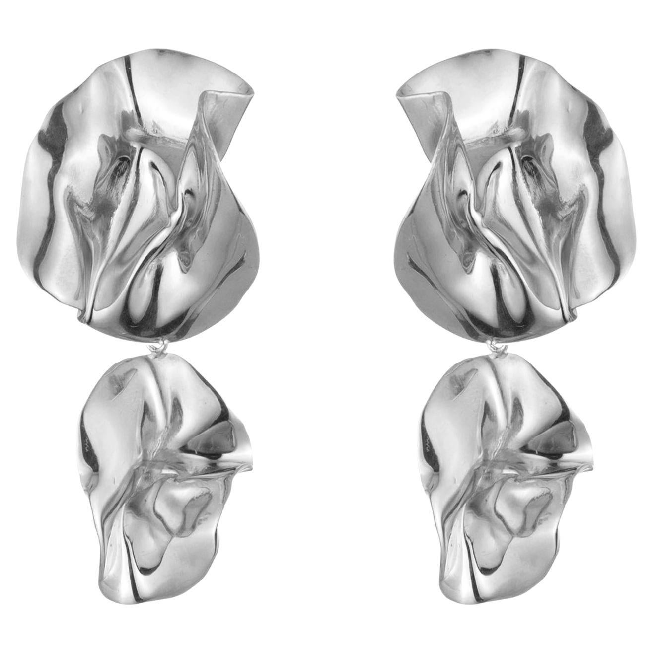 Sterling Silver Sculptural Fold Drop Statement Earrings For Sale