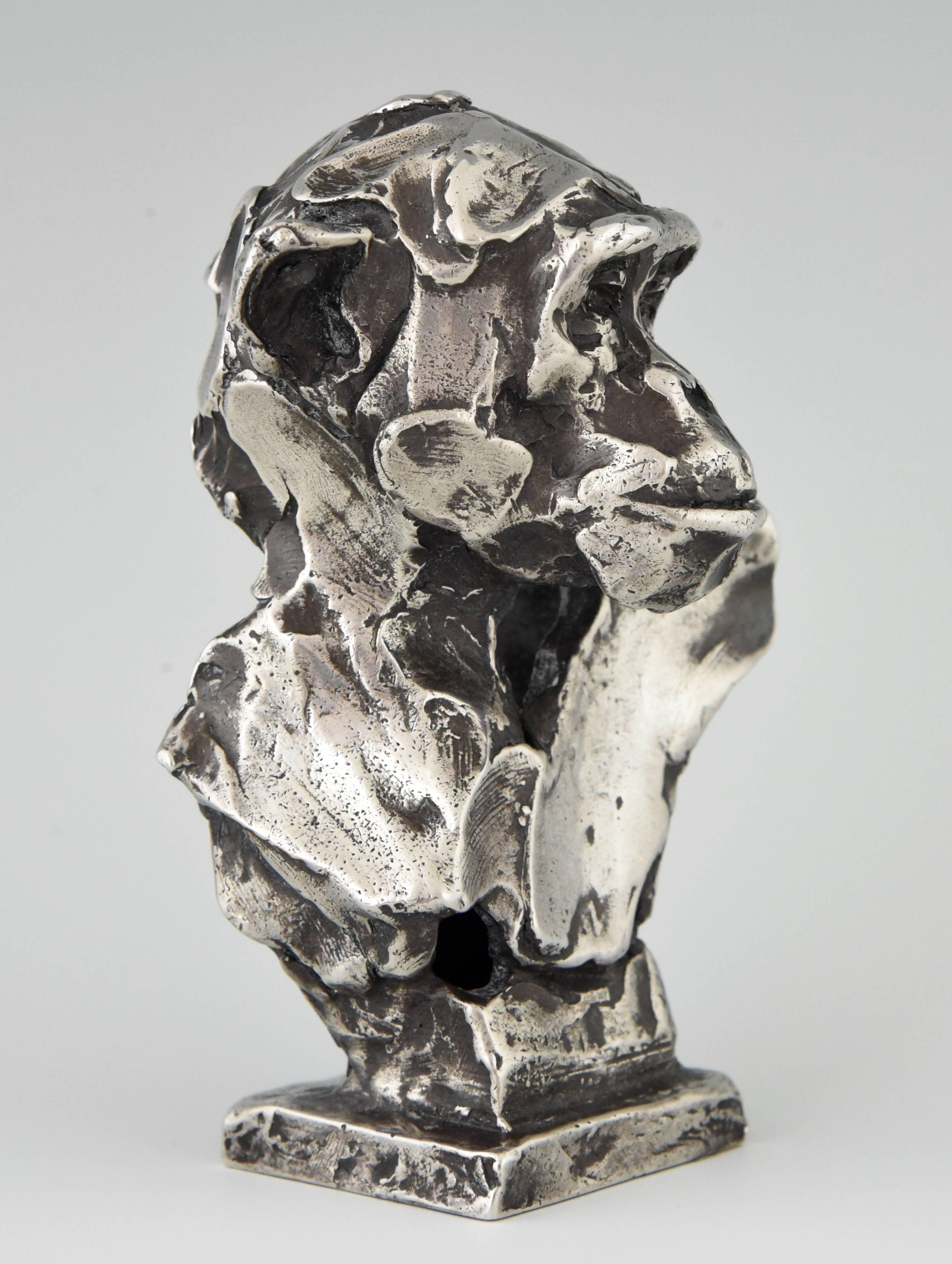 Cast Sterling Silver Sculpture of a Chimpanzee Monkey by Erwin Peeters