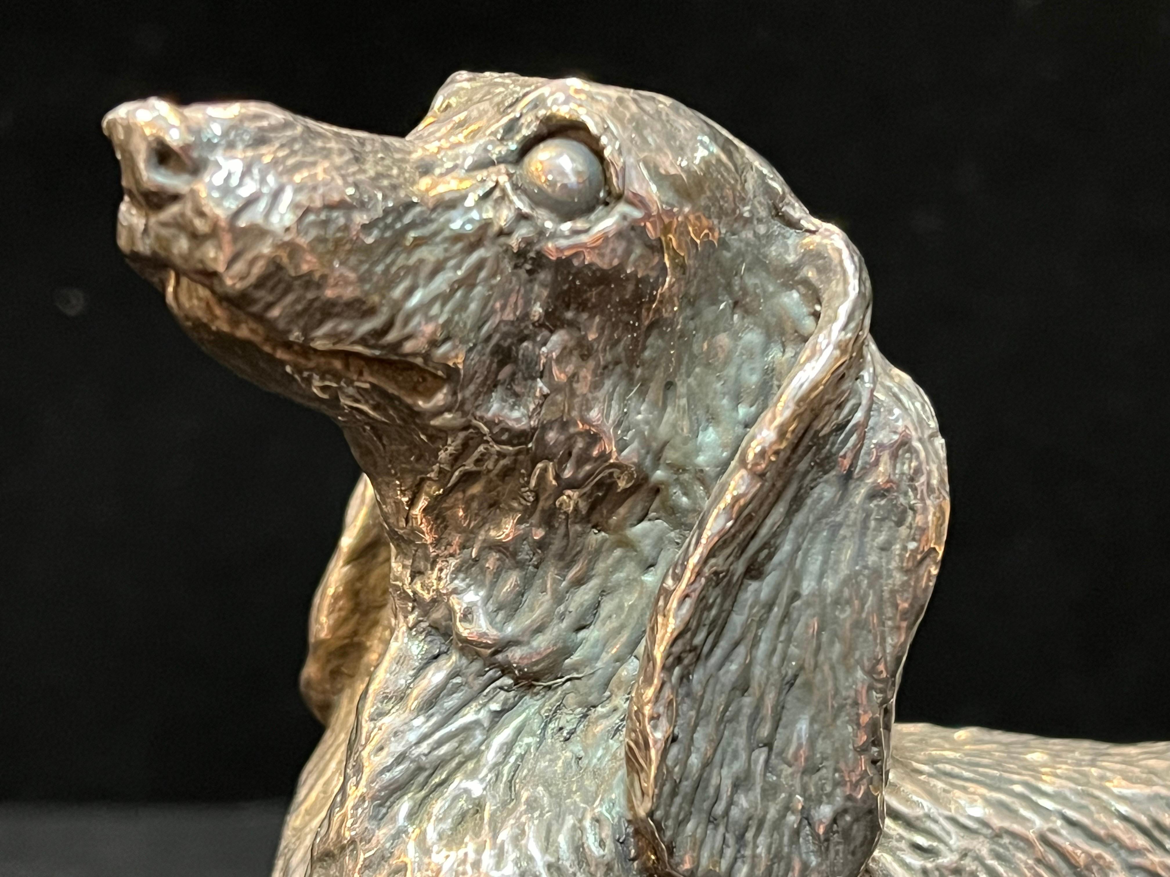 Sterling Silver Sculpture of a Long Haired Dachshund Dog with a Cute Expression 3