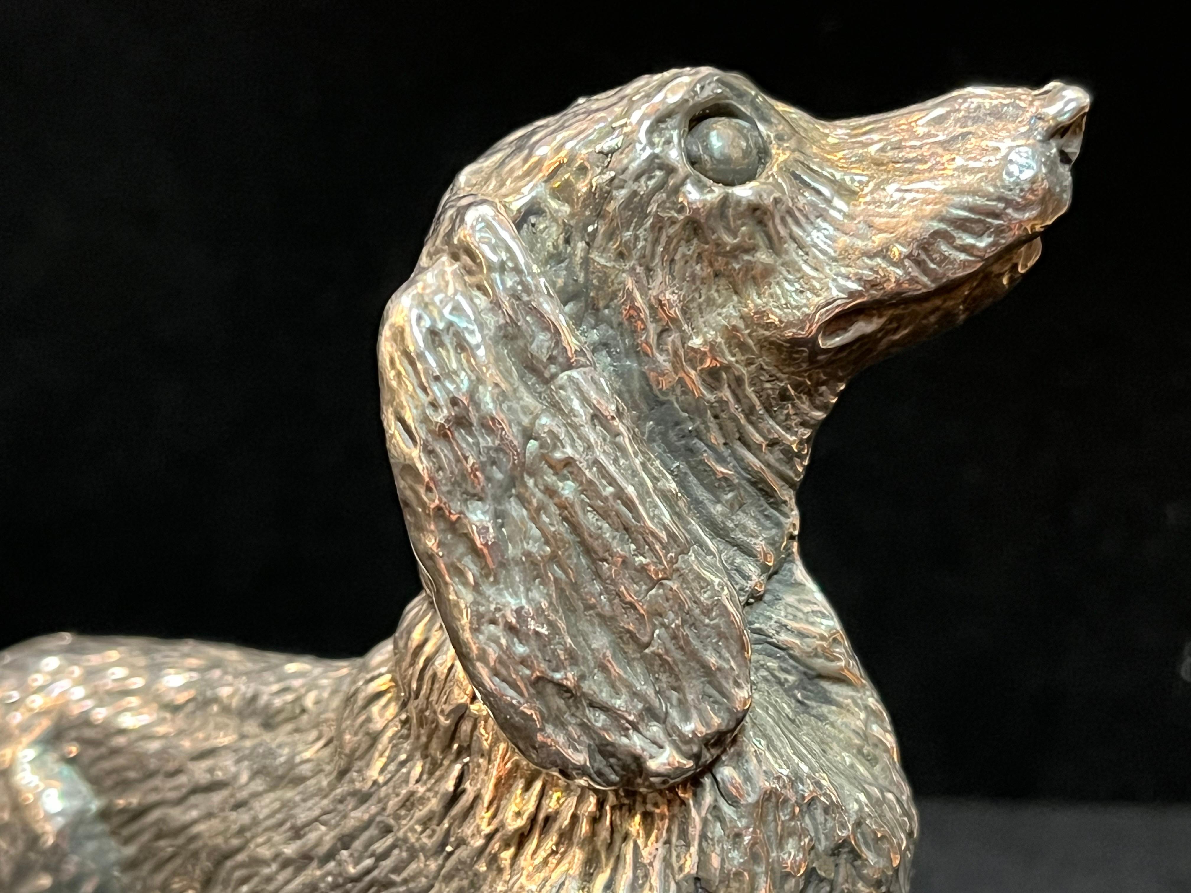 Sterling Silver Sculpture of a Long Haired Dachshund Dog with a Cute Expression 2