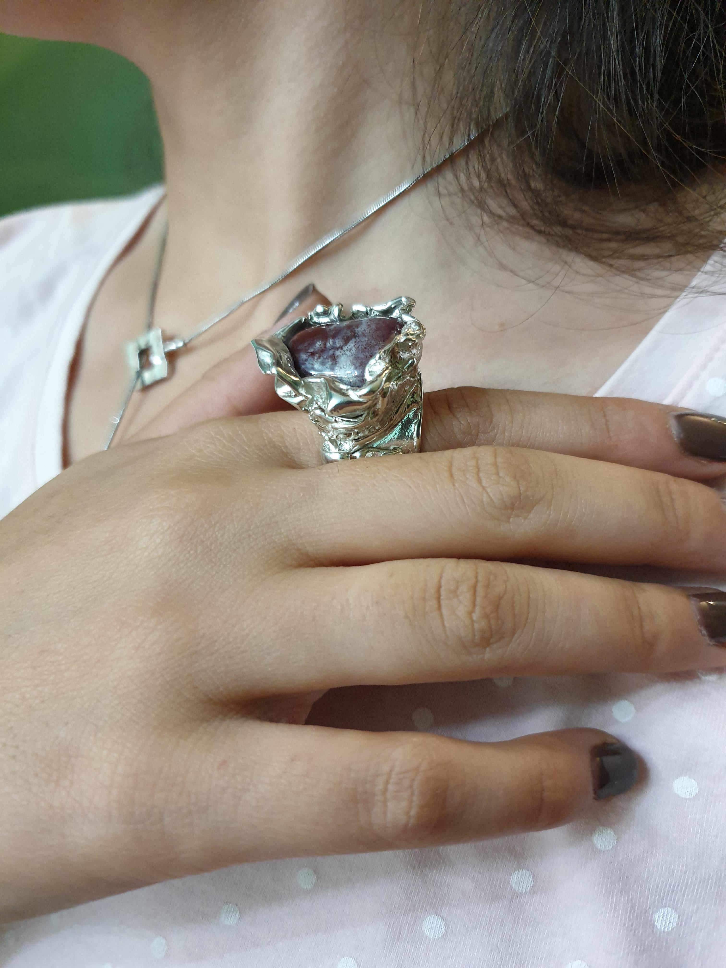 Sterling Silver Sculpture Ring Violet Lepidolite Crystal, Italy For Sale 1