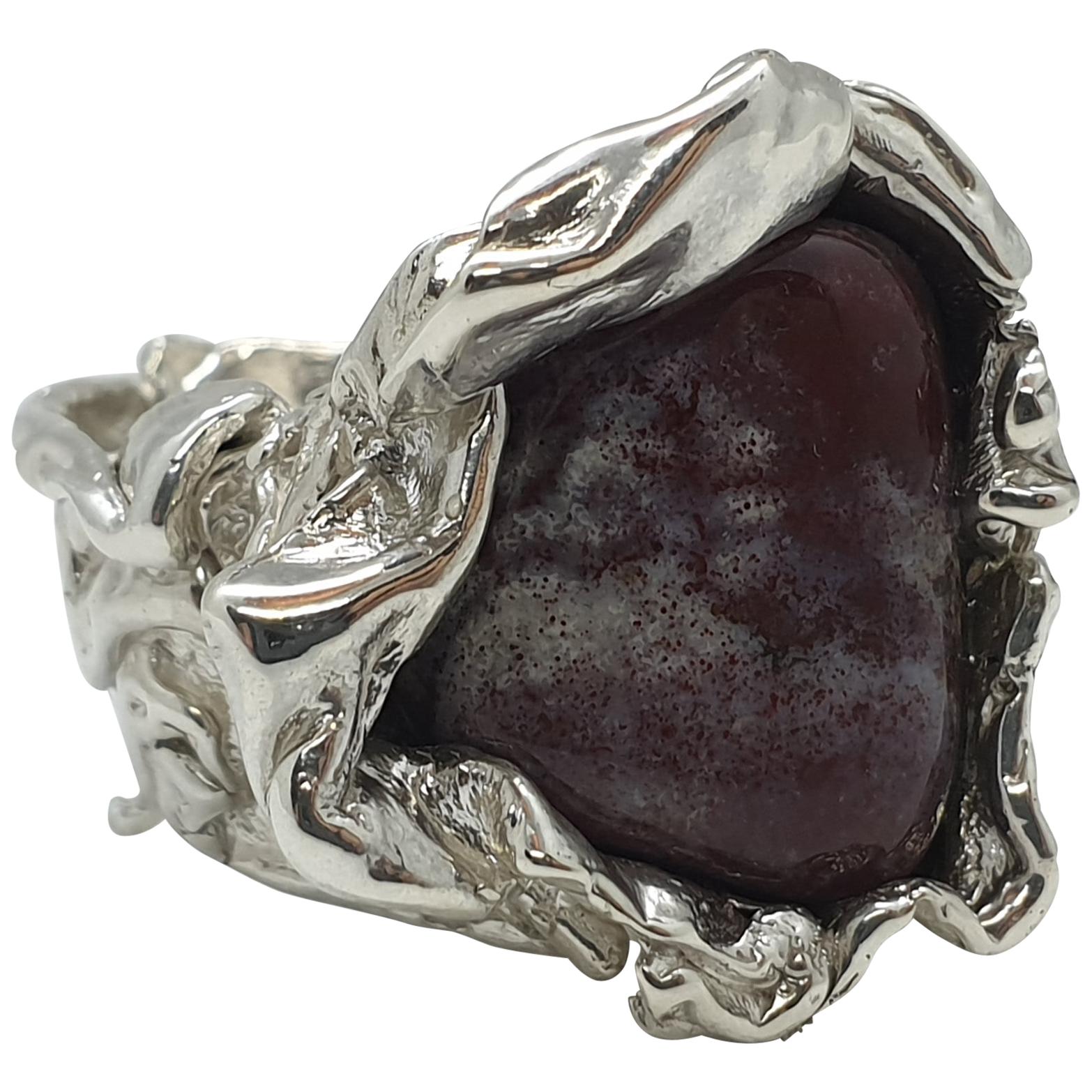 Sterling Silver Sculpture Ring Violet Lepidolite Crystal, Italy For Sale