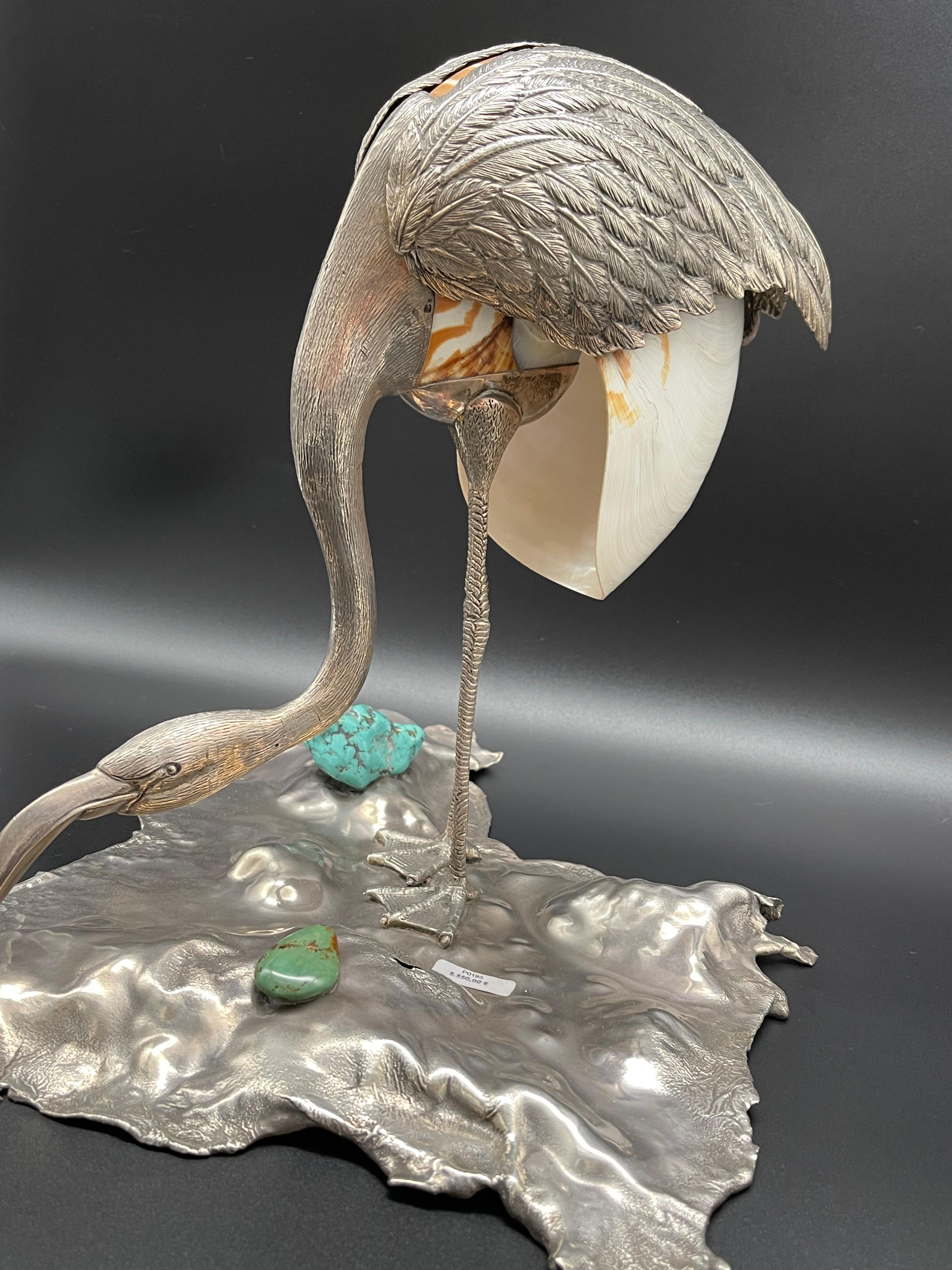 Flamingo Bird Sculpture Sterling Silver Nautilus Shell Home Silverware For Sale 3
