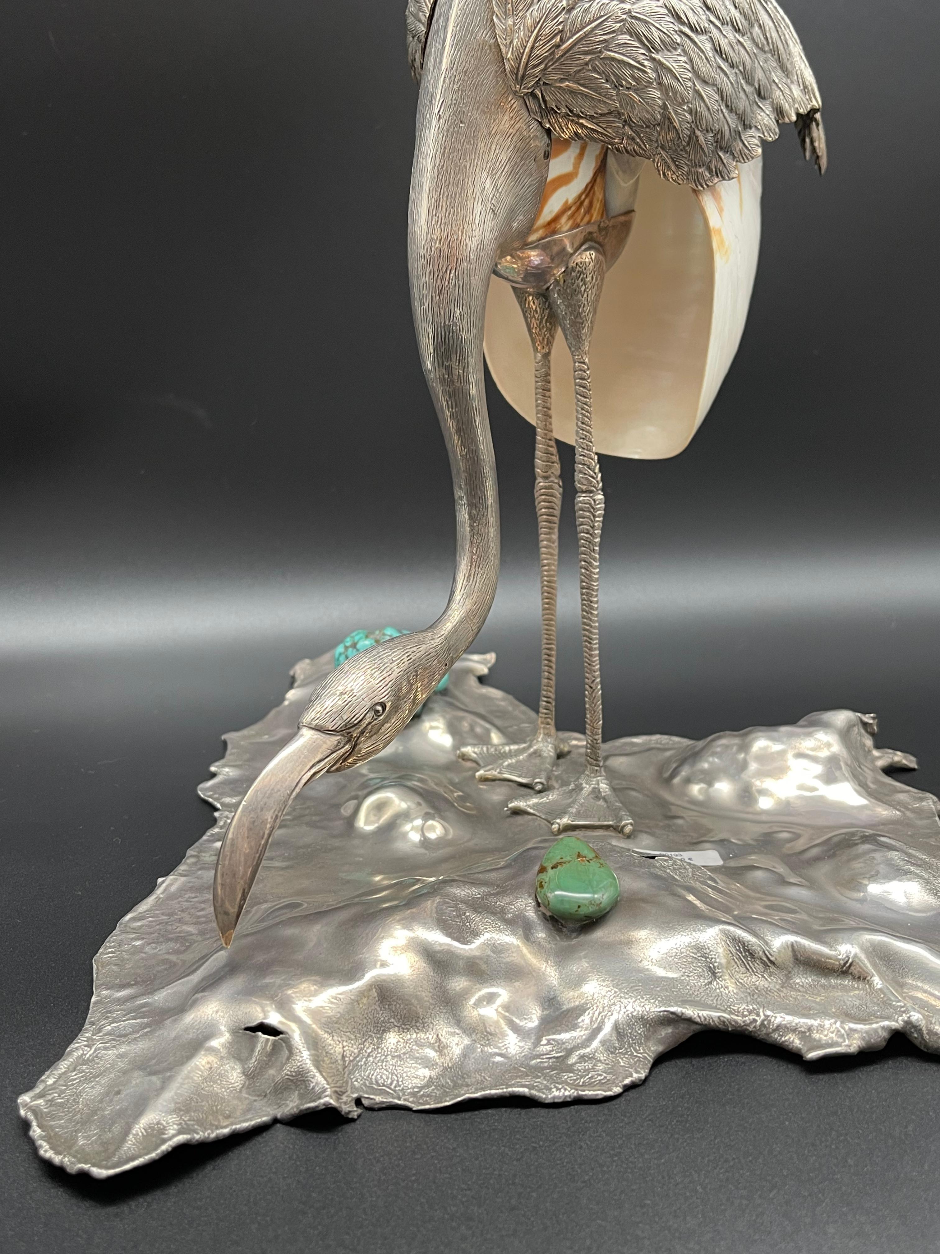 Flamingo Bird Sculpture Sterling Silver Nautilus Shell Home Silverware For Sale 4