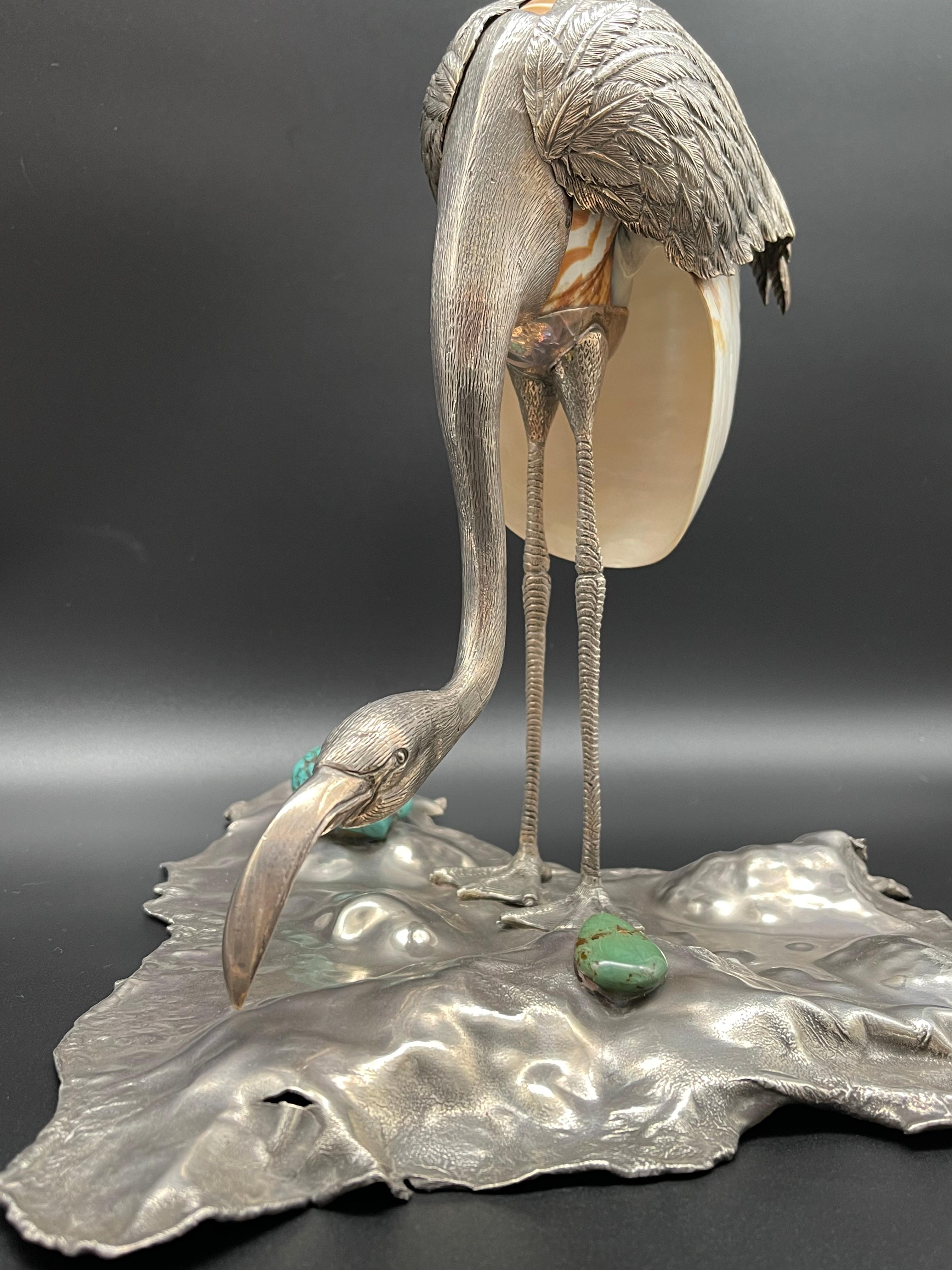 Flamingo Bird Sculpture Sterling Silver Nautilus Shell Home Silverware For Sale 5