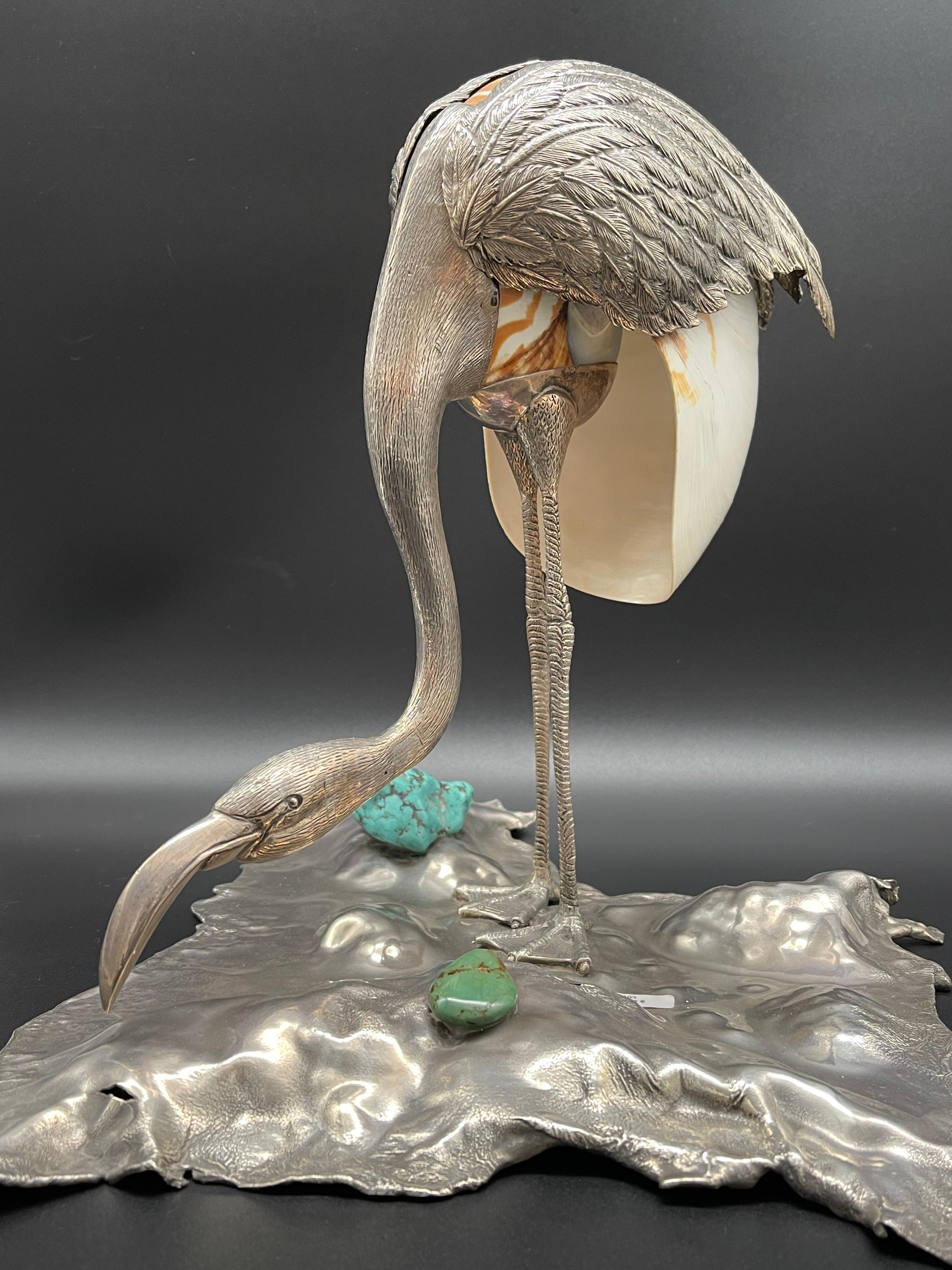 Flamingo Bird Sculpture Sterling Silver Nautilus Shell Home Silverware For Sale 6