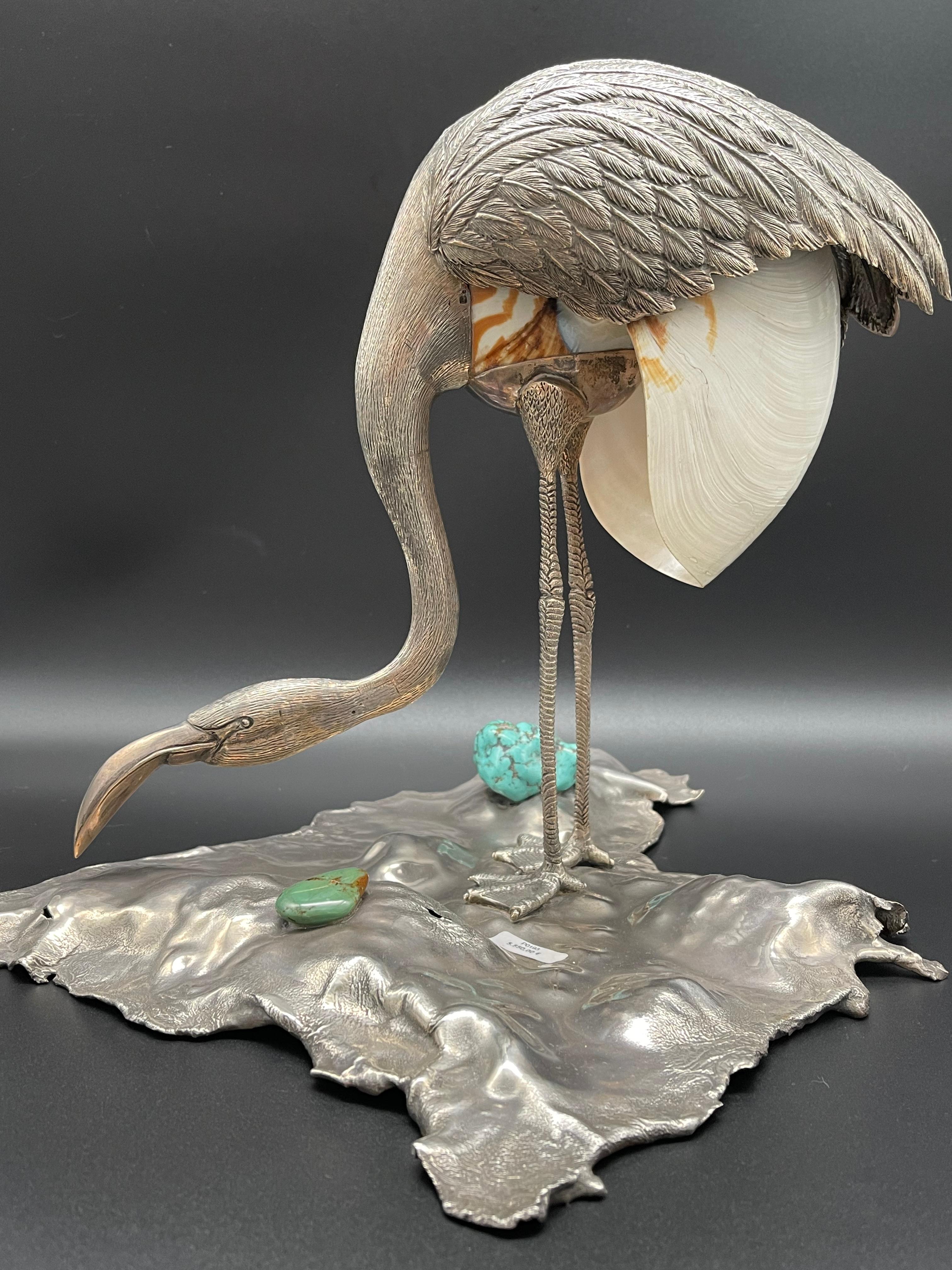 Flamingo Bird Sculpture Sterling Silver Nautilus Shell Home Silverware In New Condition For Sale In Viana do Castelo, PT