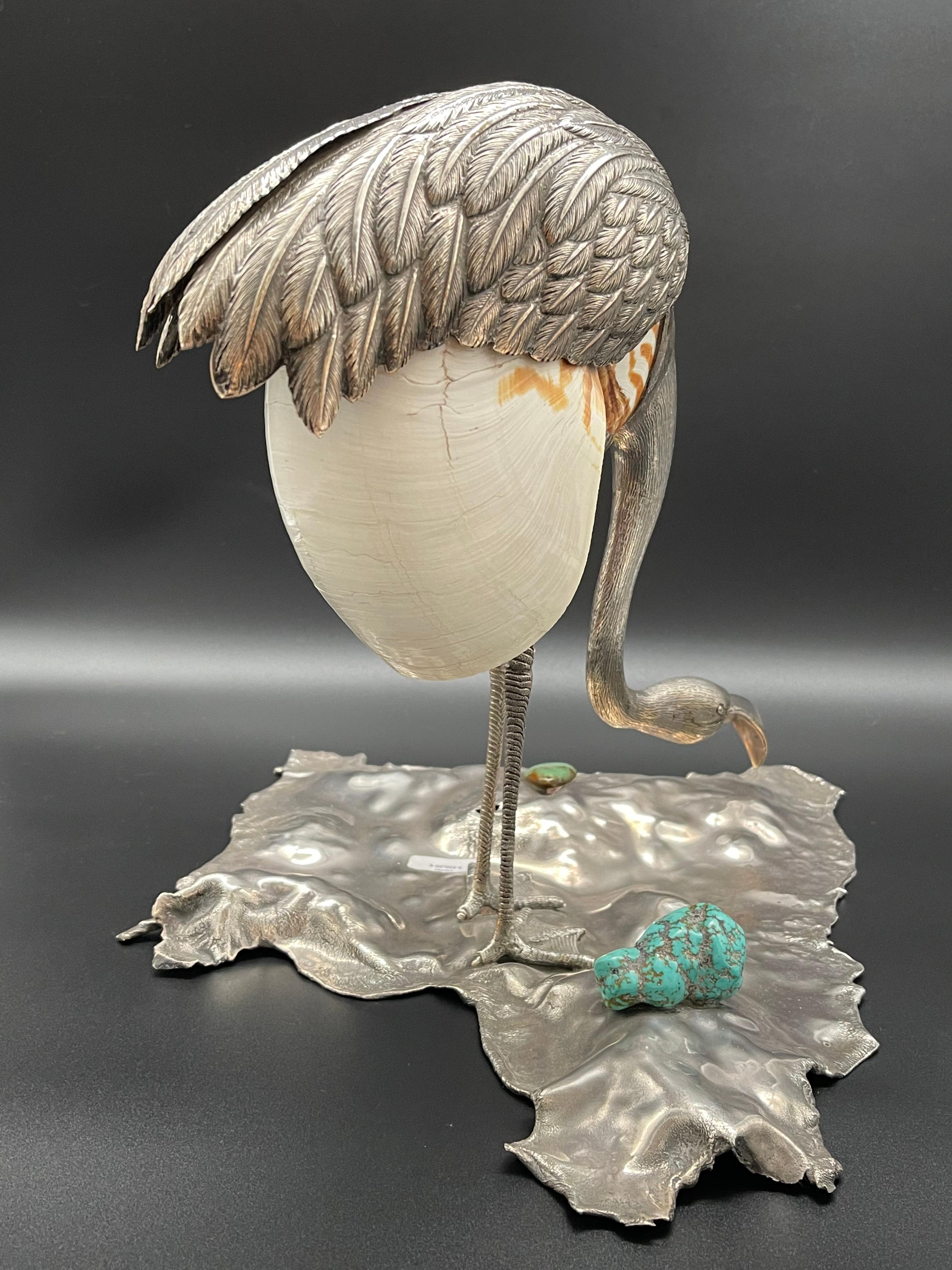 Flamingo Bird Sculpture Sterling Silver Nautilus Shell Home Silverware For Sale 8