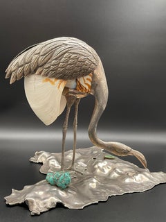 Flamingo Bird Sculpture Sterling Silver Nautilus Shell Home Silverware