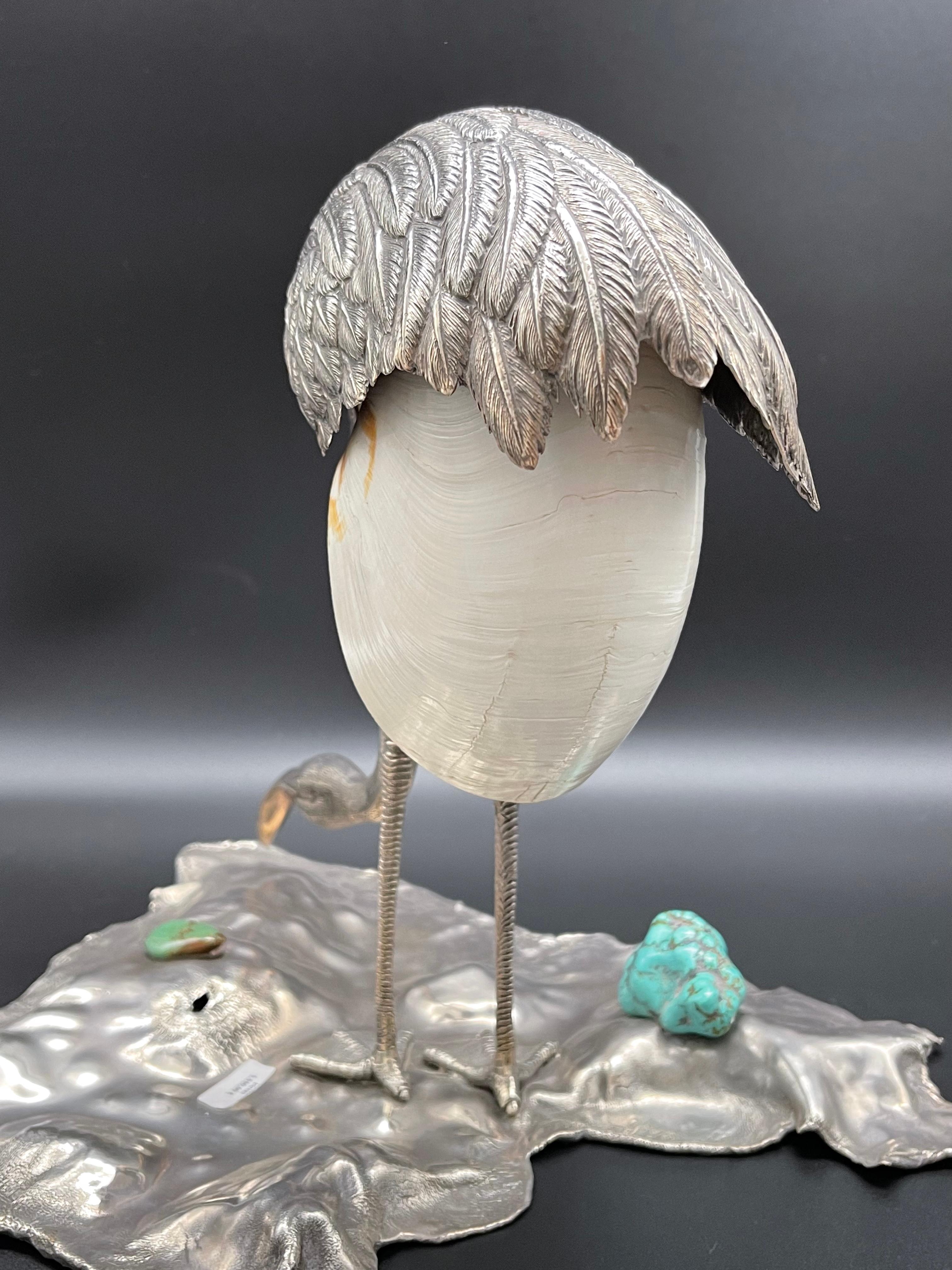 Modernist Flamingo Bird Sculpture Sterling Silver Nautilus Shell Home Silverware For Sale
