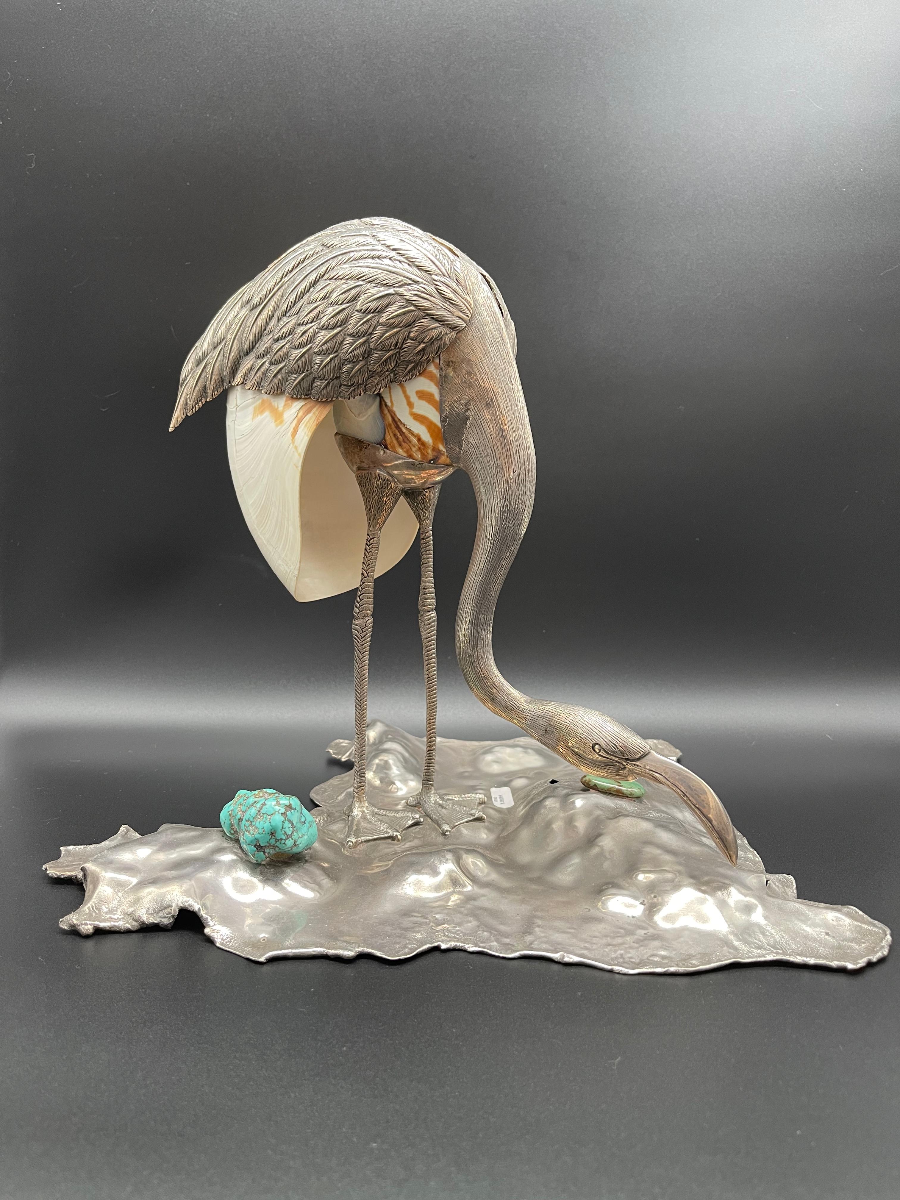 Flamingo Bird Sculpture Sterling Silver Nautilus Shell Home Silverware For Sale 7