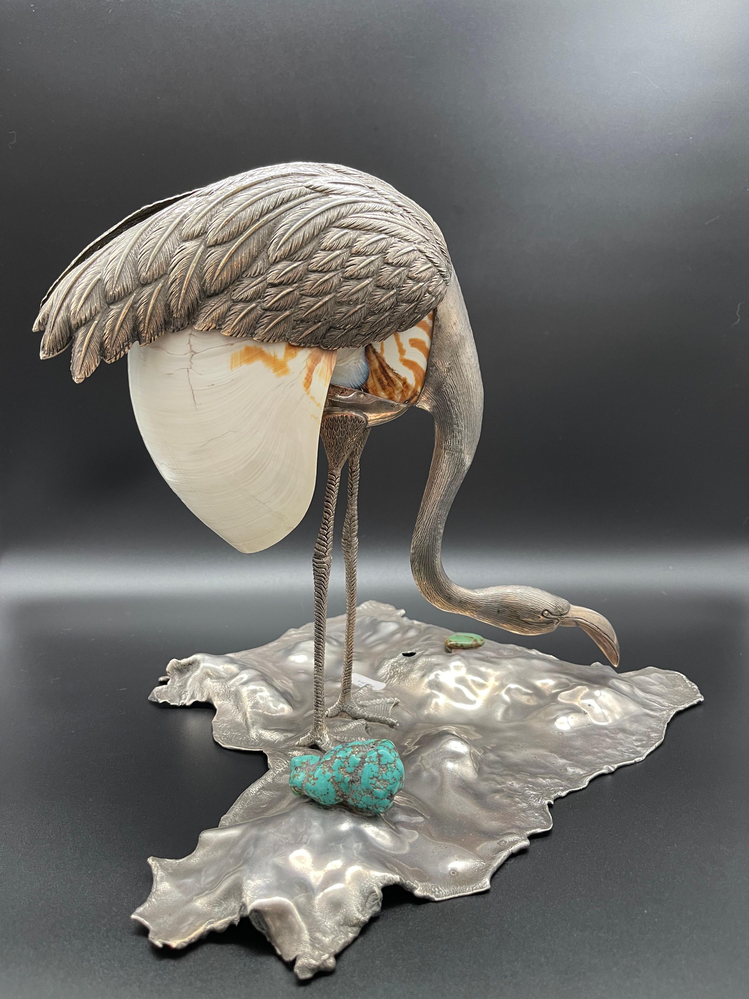 Uncut Flamingo Bird Sculpture Sterling Silver Nautilus Shell Home Silverware For Sale
