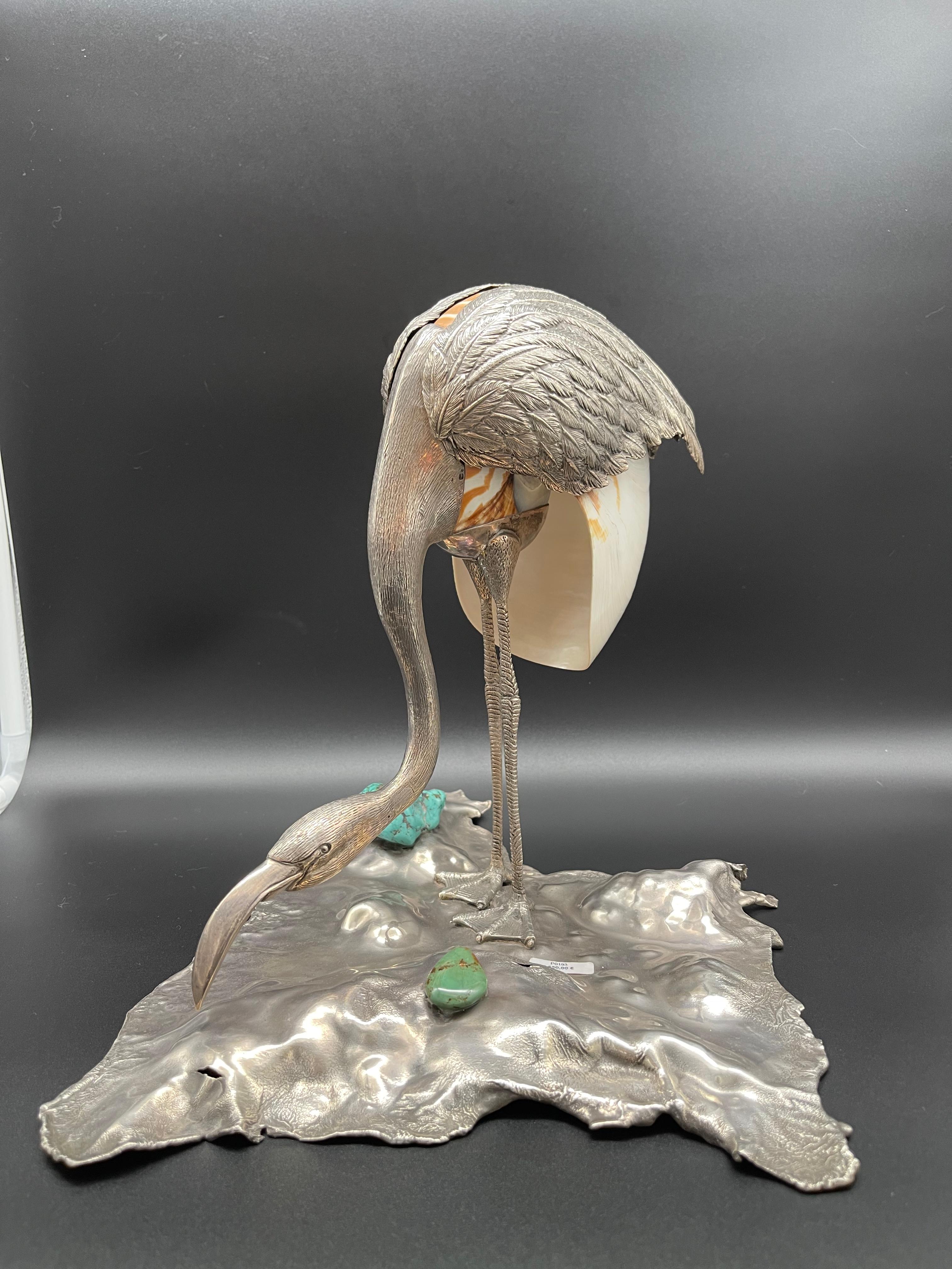 Flamingo Bird Sculpture Sterling Silver Nautilus Shell Home Silverware For Sale 2