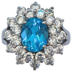 Retro Sterling Silver Sea Blue and Clear Rhinestone Cluster Ring