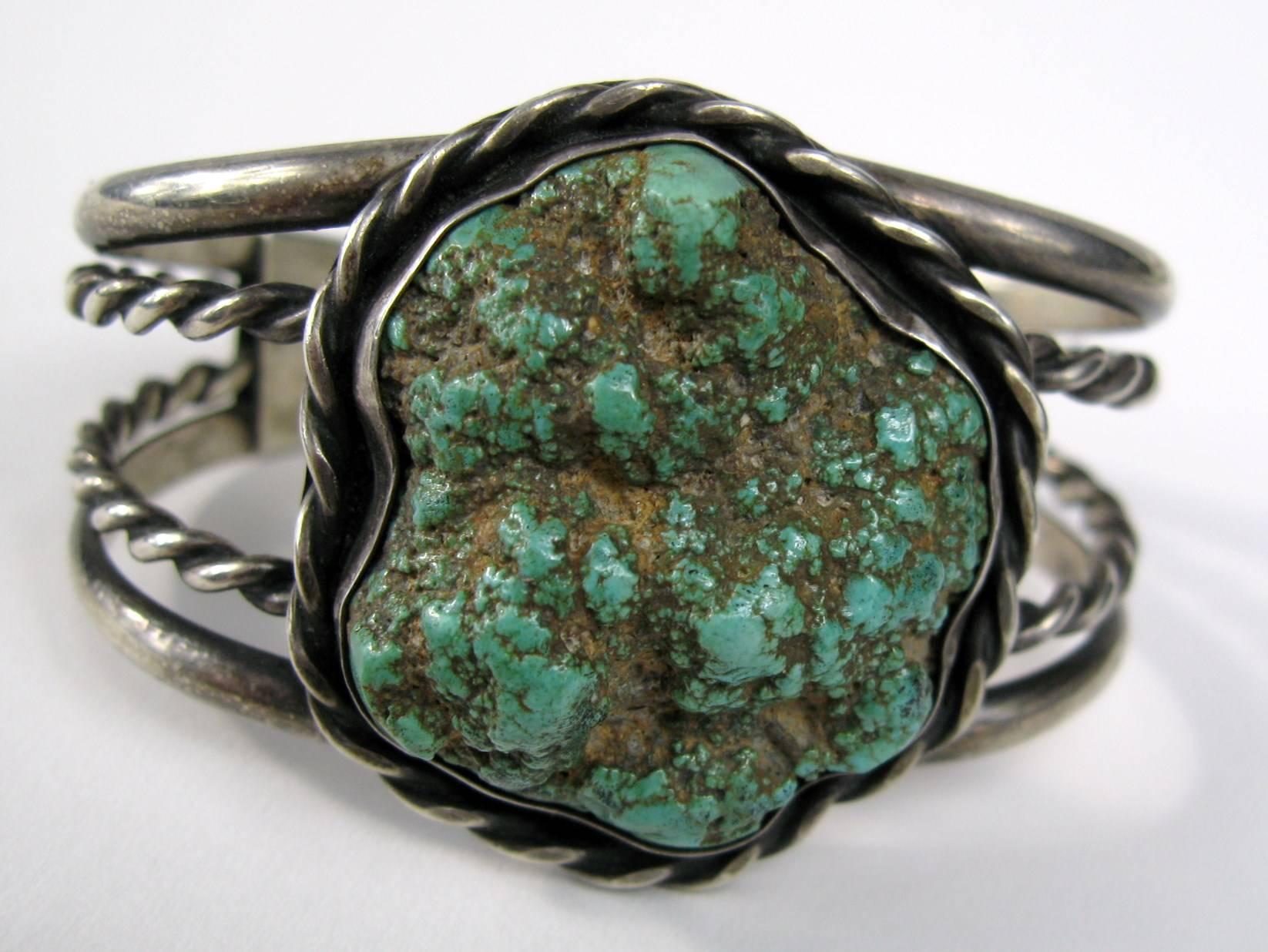 Amérindien Turquoise écume de mer en argent sterling 4  Bracelet tressé Massive Old Pawn Navajo en forme de pattes en vente