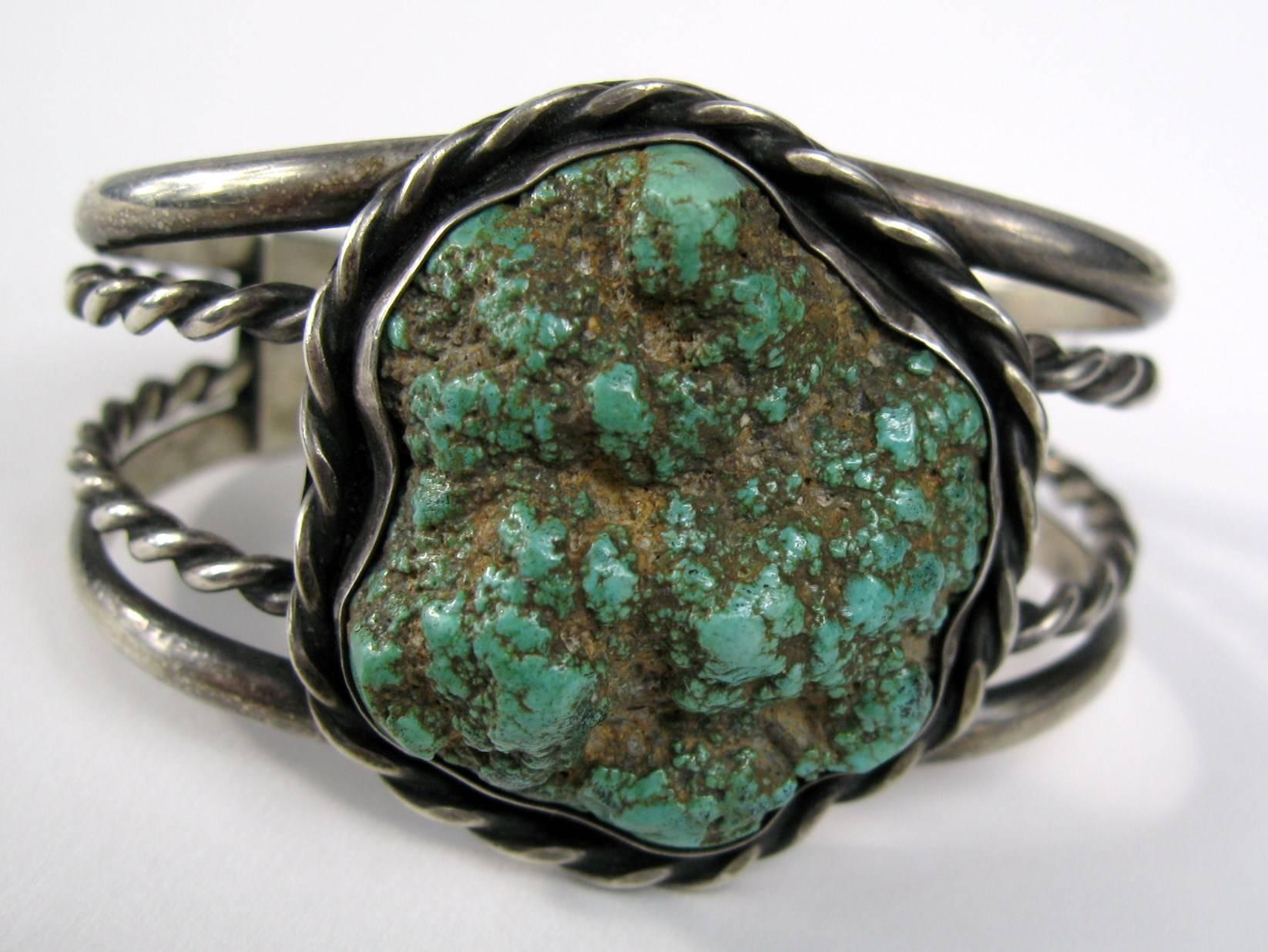 Amérindien Turquoise écume de mer en argent sterling 4  Bracelet tressé Massive Old Pawn Navajo en forme de pattes  en vente