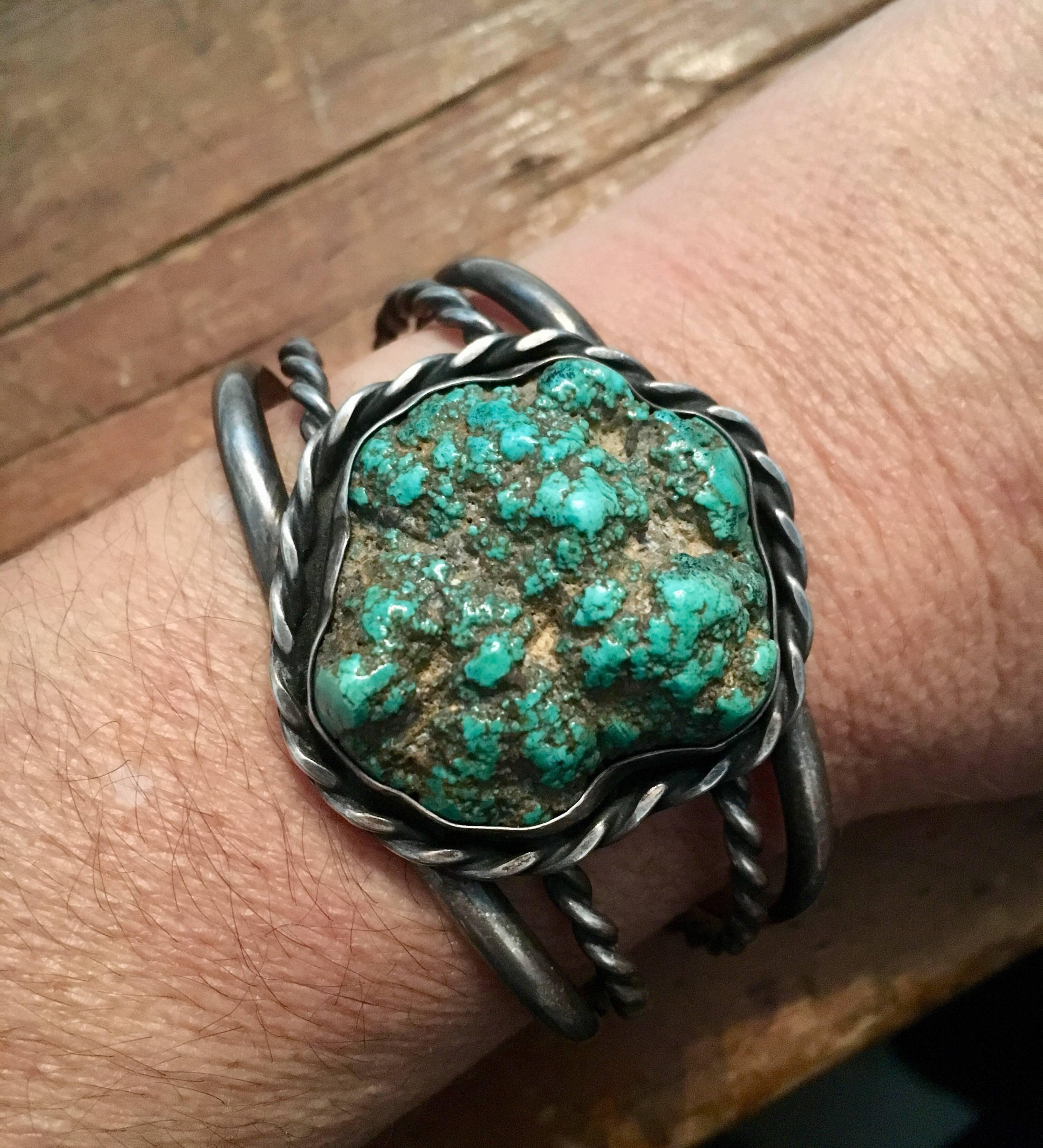 Sterling Silver Sea Foam Turquoise 4  Braided Bracelet Massive Old Pawn Navajo  In Good Condition For Sale In Wallkill, NY