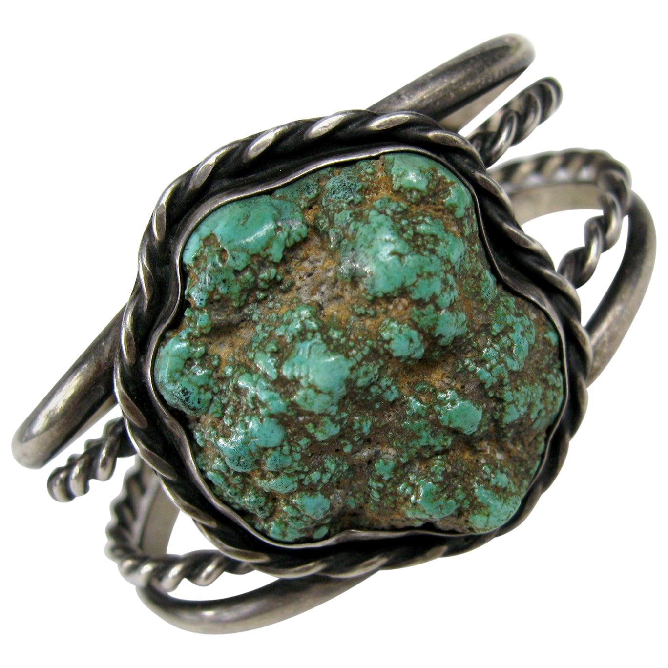 Sterling Silver Sea Foam Turquoise 4  Braided Bracelet Massive Old Pawn Navajo 