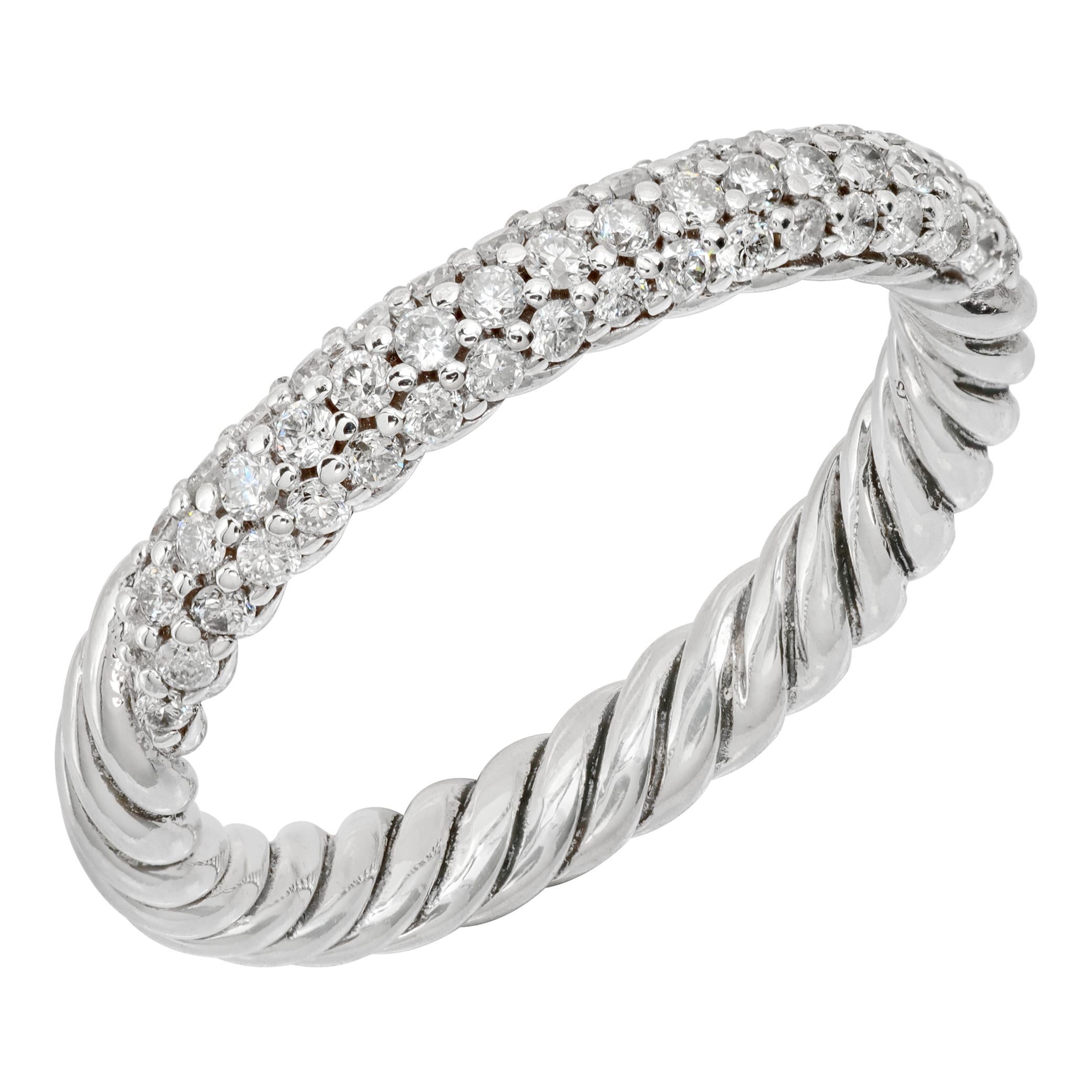 Sterling Silver Semi Eternity Cable Ring With Diamonds In Excellent Condition For Sale In Surfside, FL
