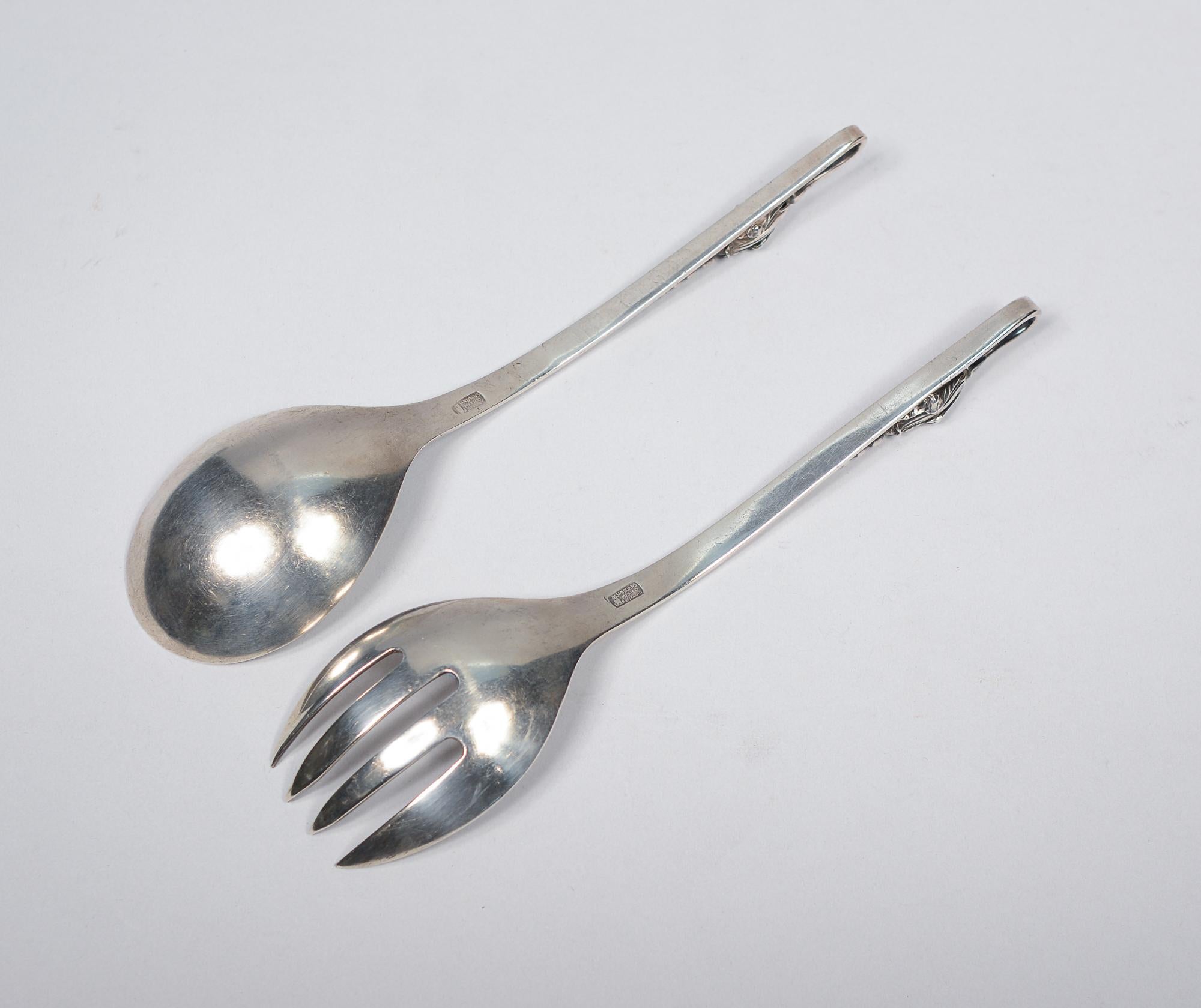 Art Nouveau Sterling Silver Serving Fork and Spoon by Sanborns Mexico For Sale