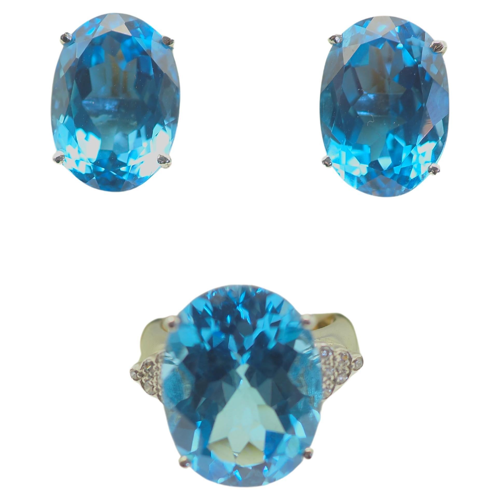 Sterling Silver Set 56.24ctw Blue Topaz Ring & Earrings, Large Gemstone