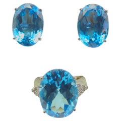 Vintage Sterling Silver Set 56.24ctw Blue Topaz Ring & Earrings, Large Gemstone
