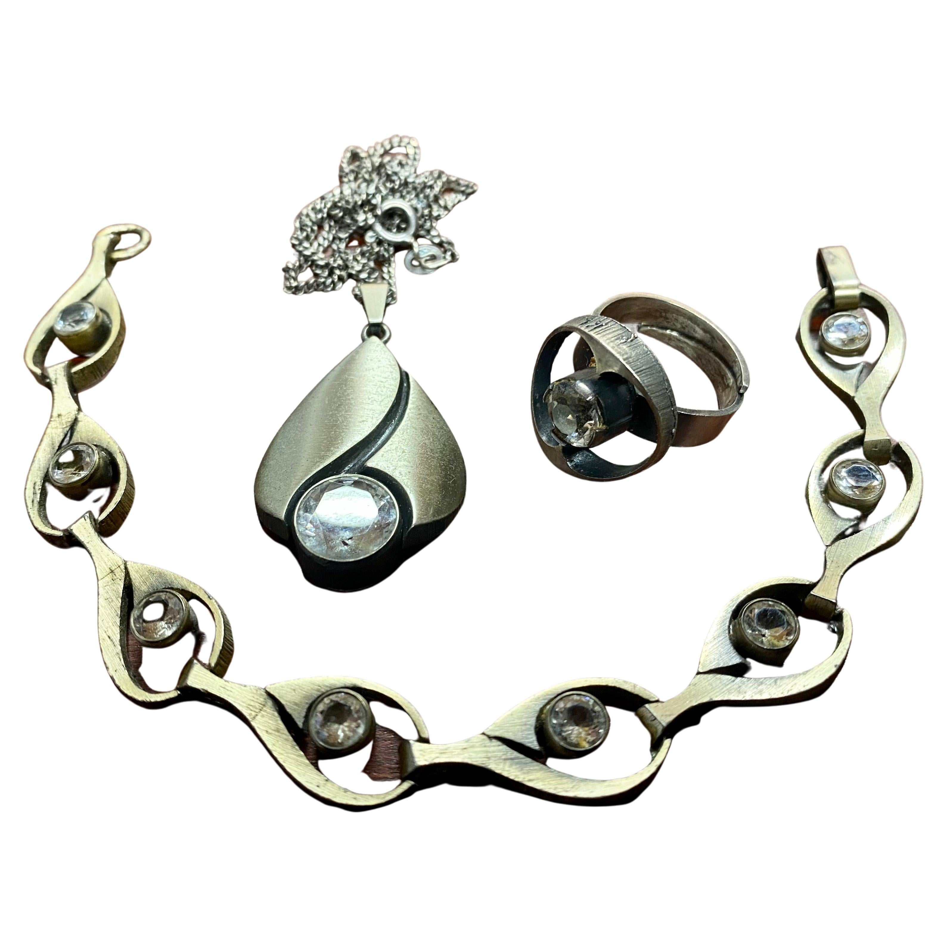 Sterling Silver Set, Necklace, Bracelet and Ring by Karl Laine, Finland, 1970s For Sale