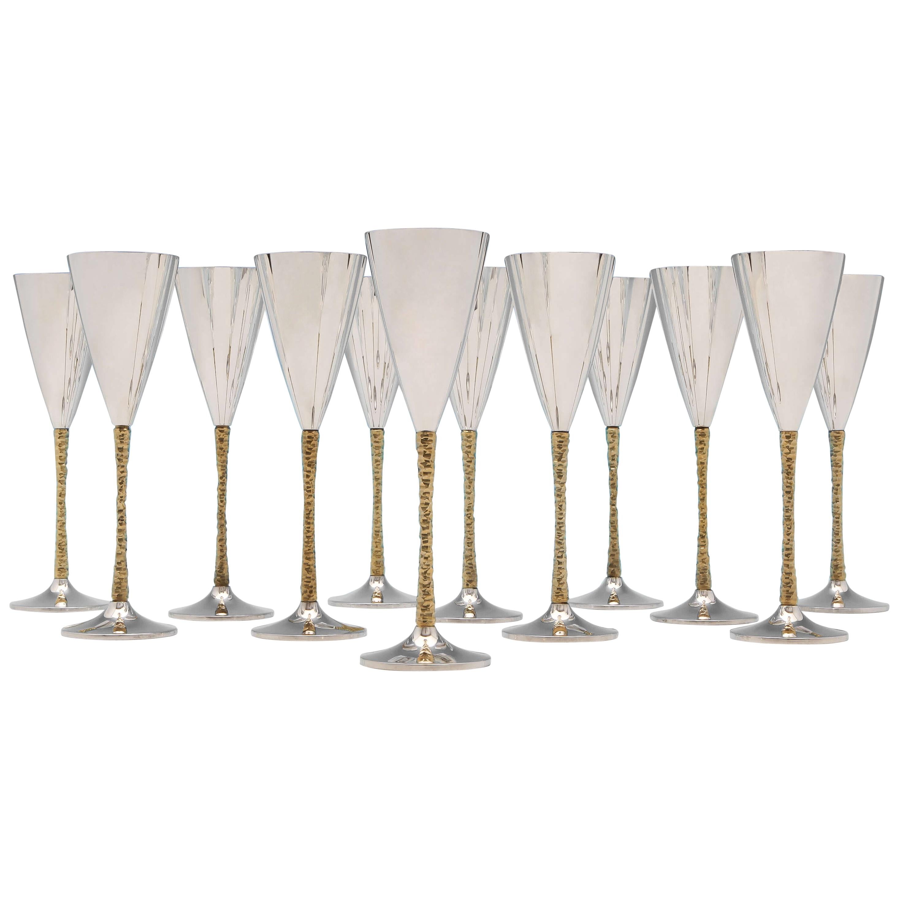 Stuart Devlin - Mid Century Modern Sterling Silver Set of 12 Champagne Flutes 