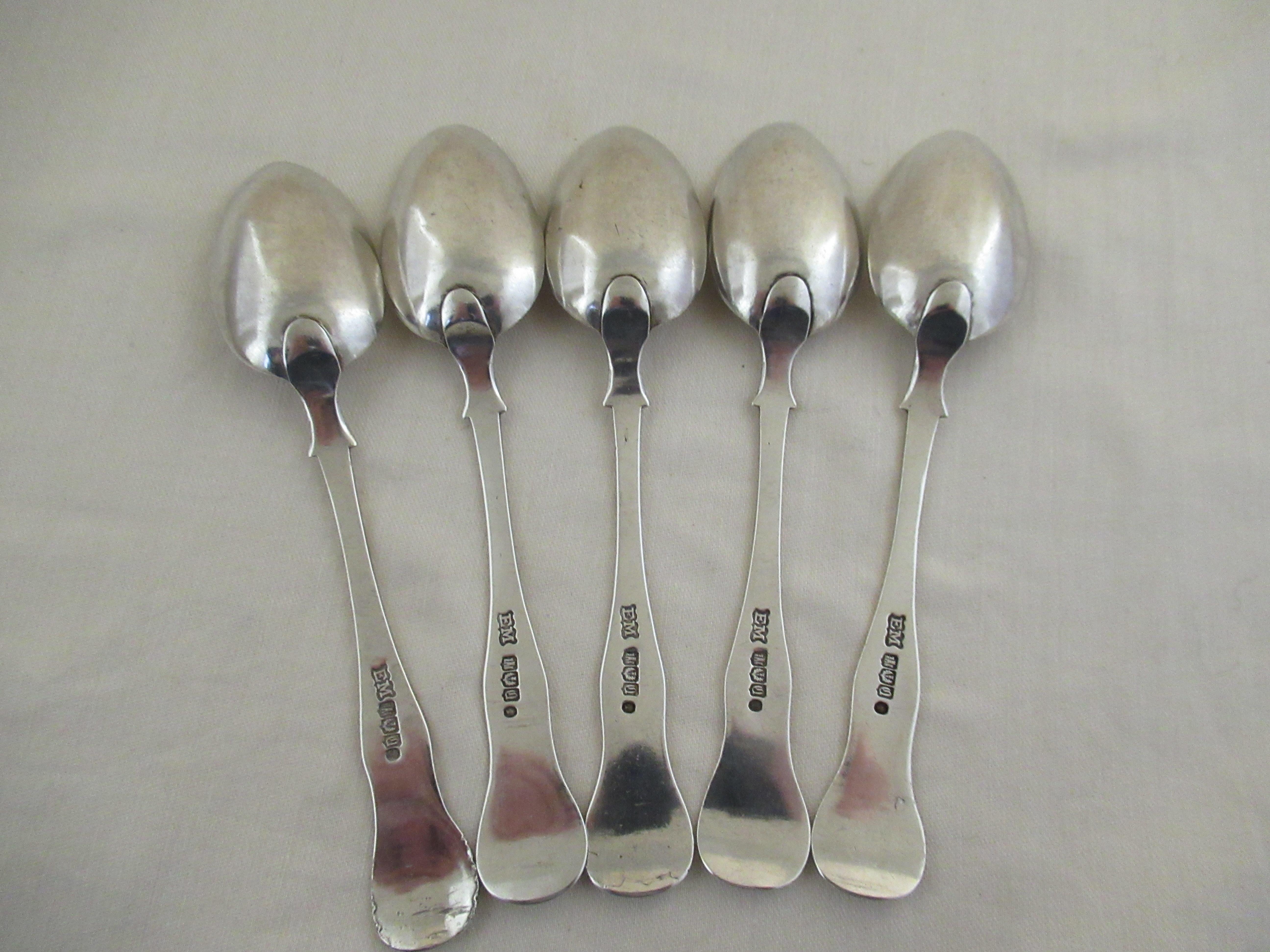 Hand-Crafted Sterling Silver, Set of 5 Kings Pattern Teaspoons, Hallmarked, Edinburgh 1847